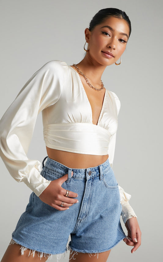 Gwennibeth Plunge Neck Tie Back Cropped Blouse in Champagne Satin