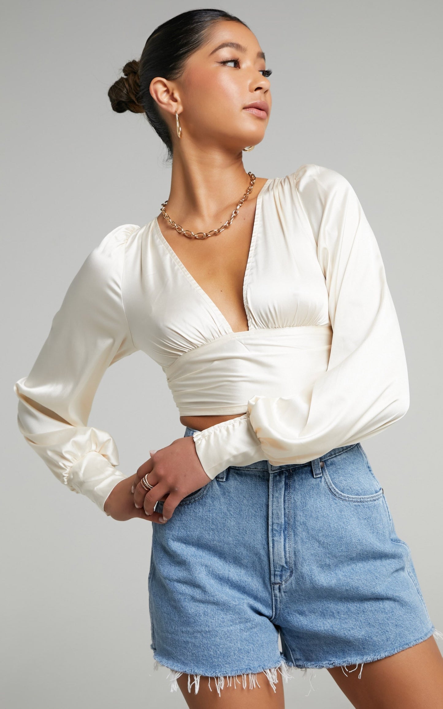 Gwennibeth Plunge Neck Tie Back Cropped Blouse in Champagne Satin