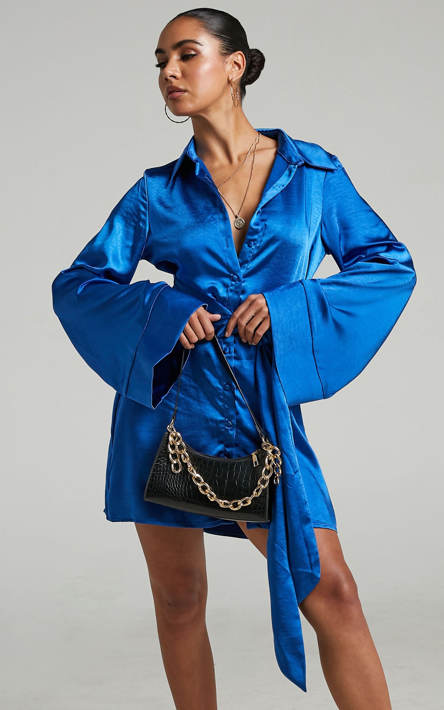 Hadid Mini Dress - Button Down Waist Tie Shirt Dress in Electric Blue