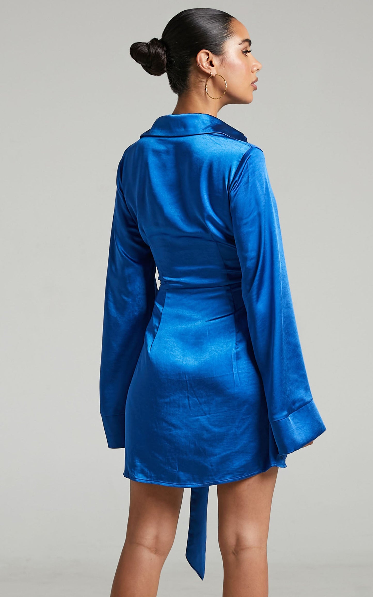 Hadid Mini Dress - Button Down Waist Tie Shirt Dress in Electric Blue