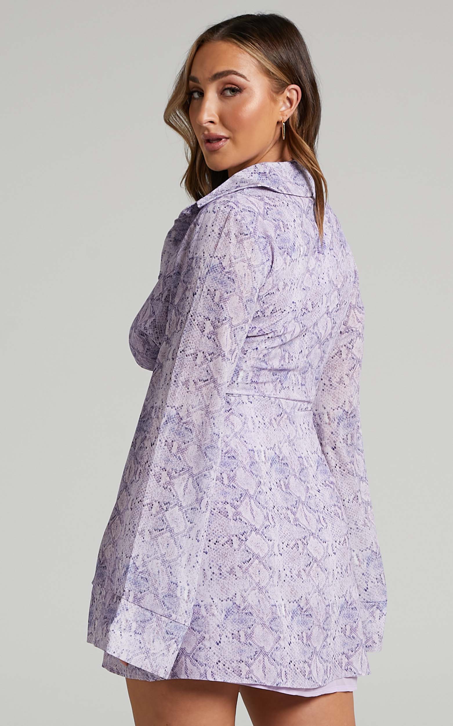 Hadid Mini Dress - Button Down Waist Tie Shirt Dress in Lilac Snake Print