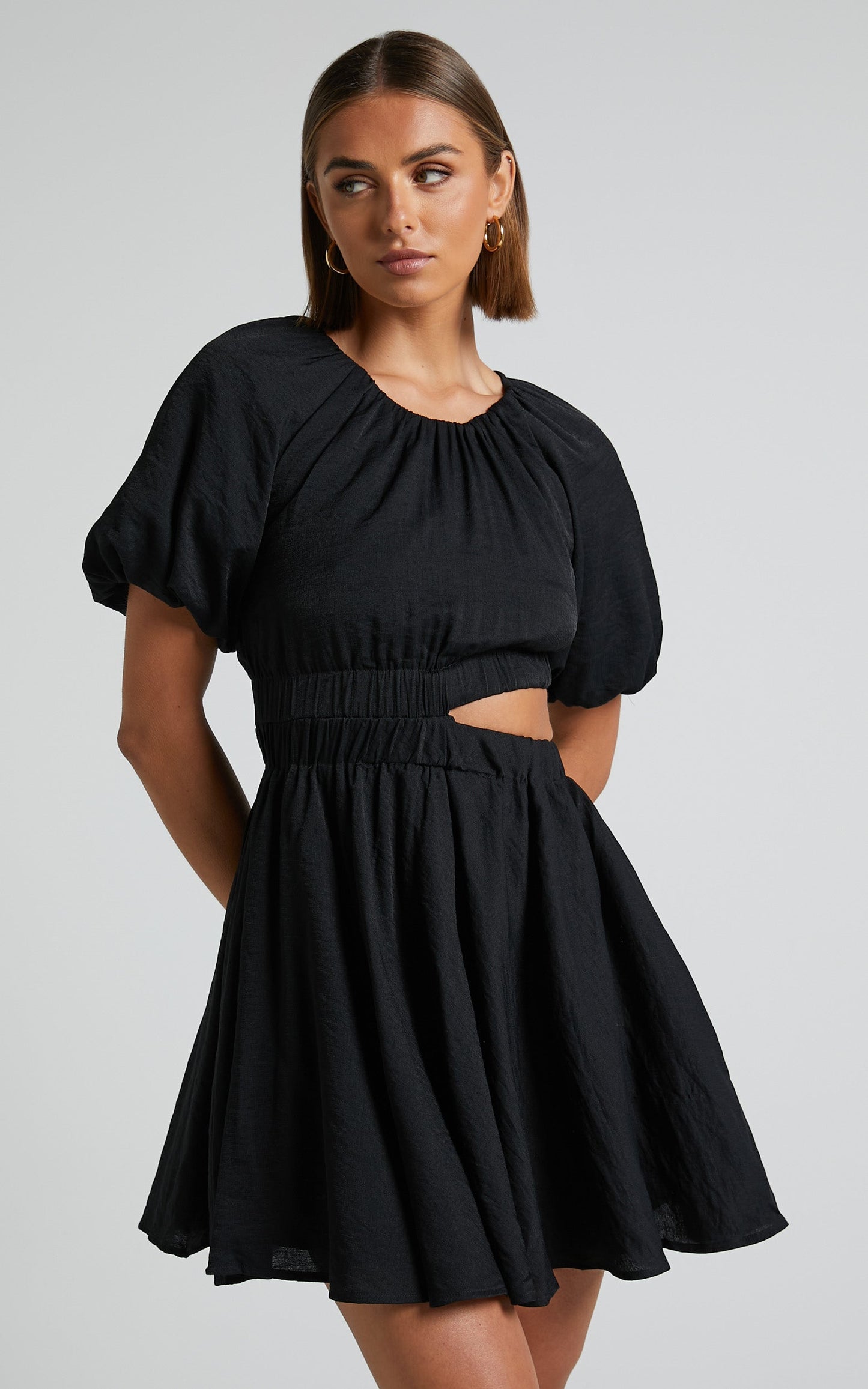 Hadley Mini Dress - Puff Sleeve Cut Out Dress in Black