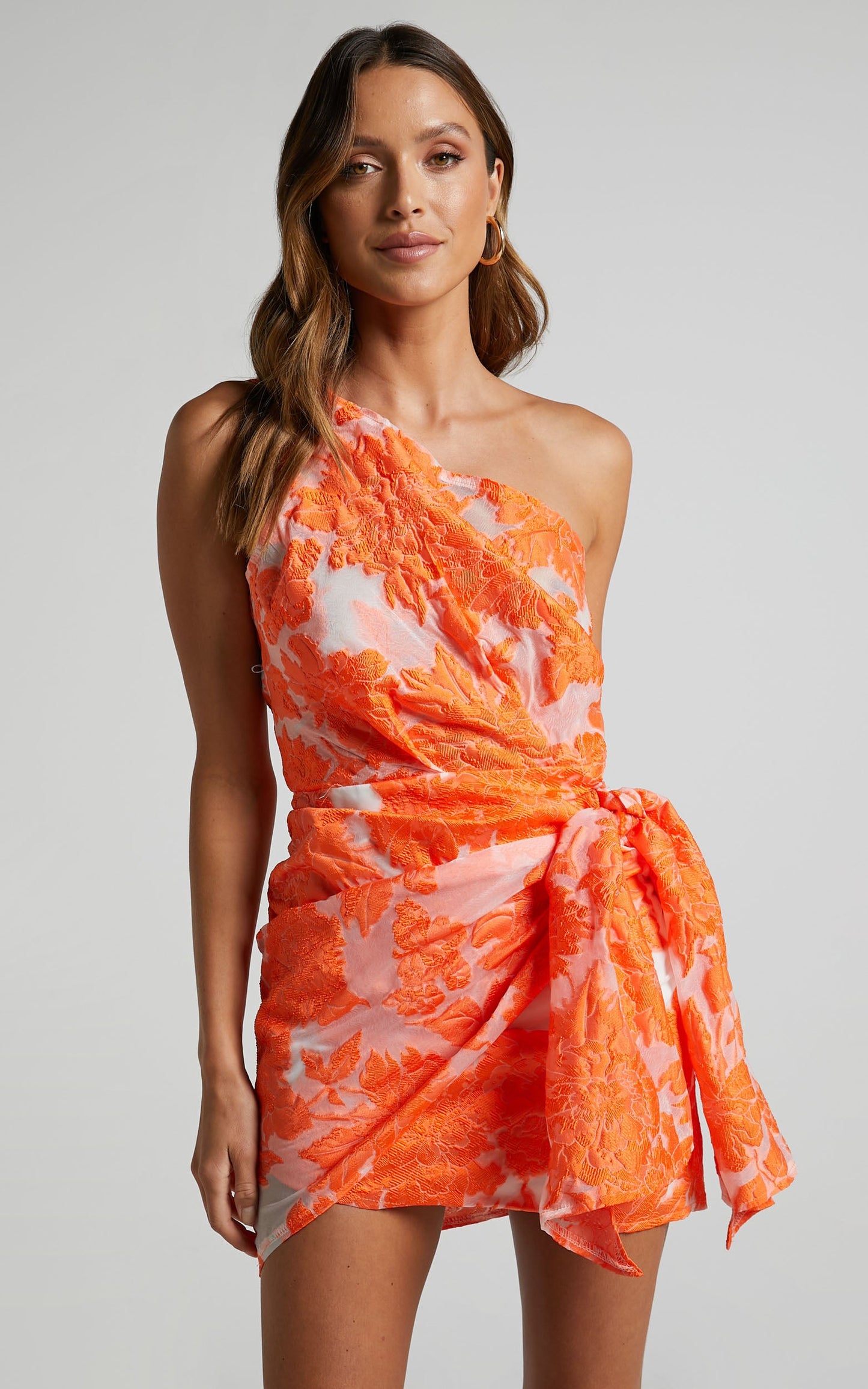 Hailey Mini Dress - One Shoulder Dress in Orange Floral