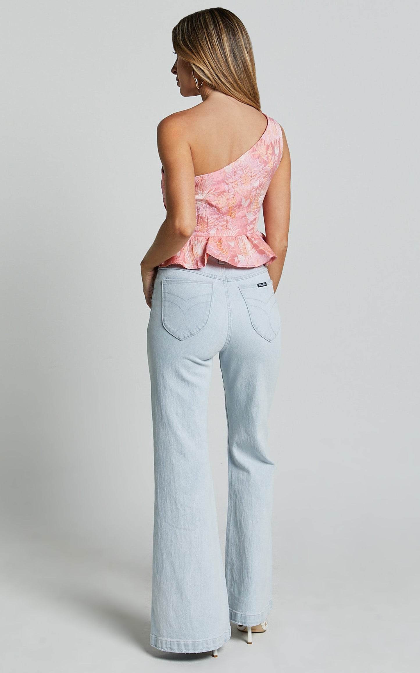 Hailey Rae Top - One Shoulder Peplum Jacquard Top in Pink