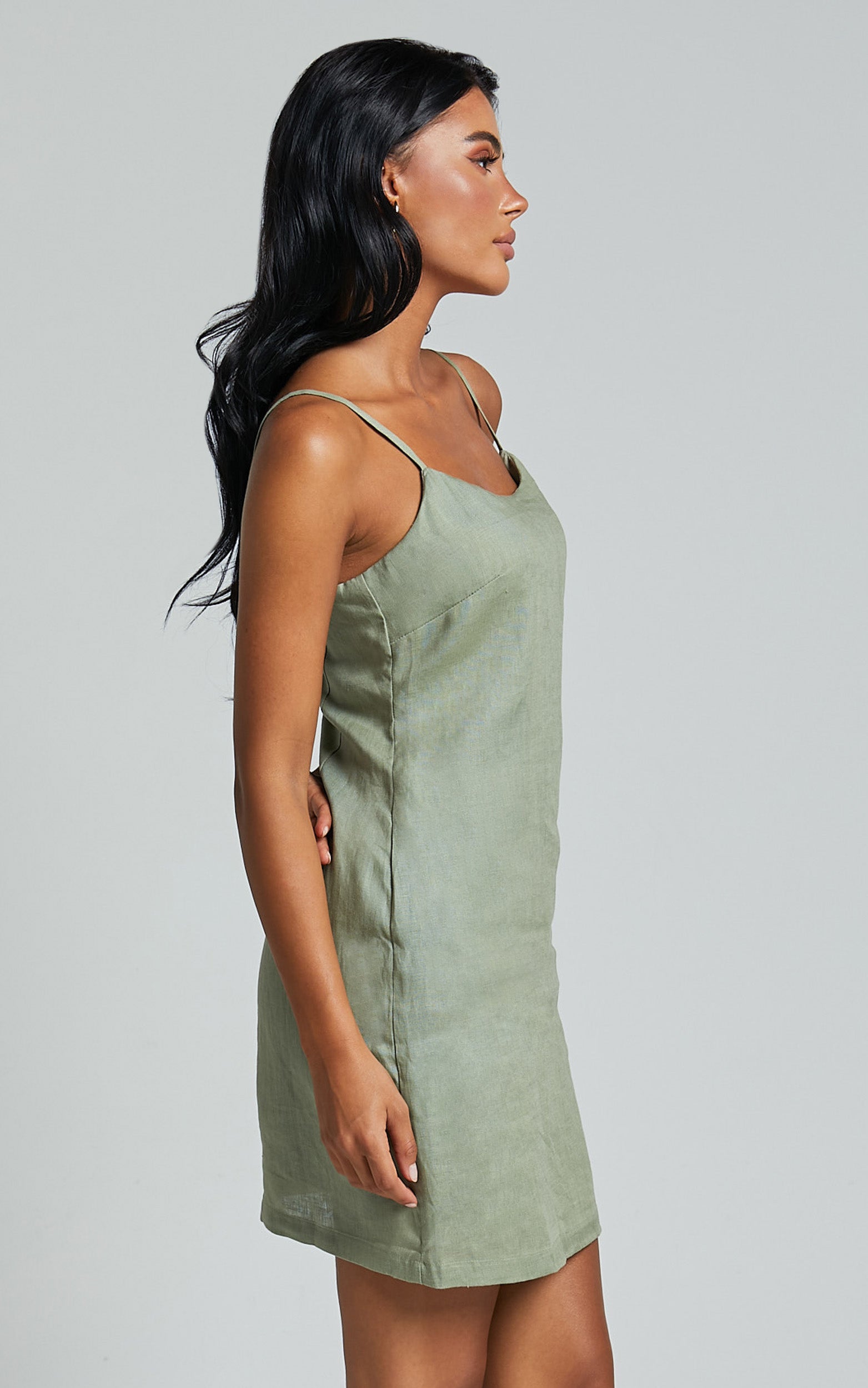 Hajja Mini Dress - Strappy Scoop Linen in Sage