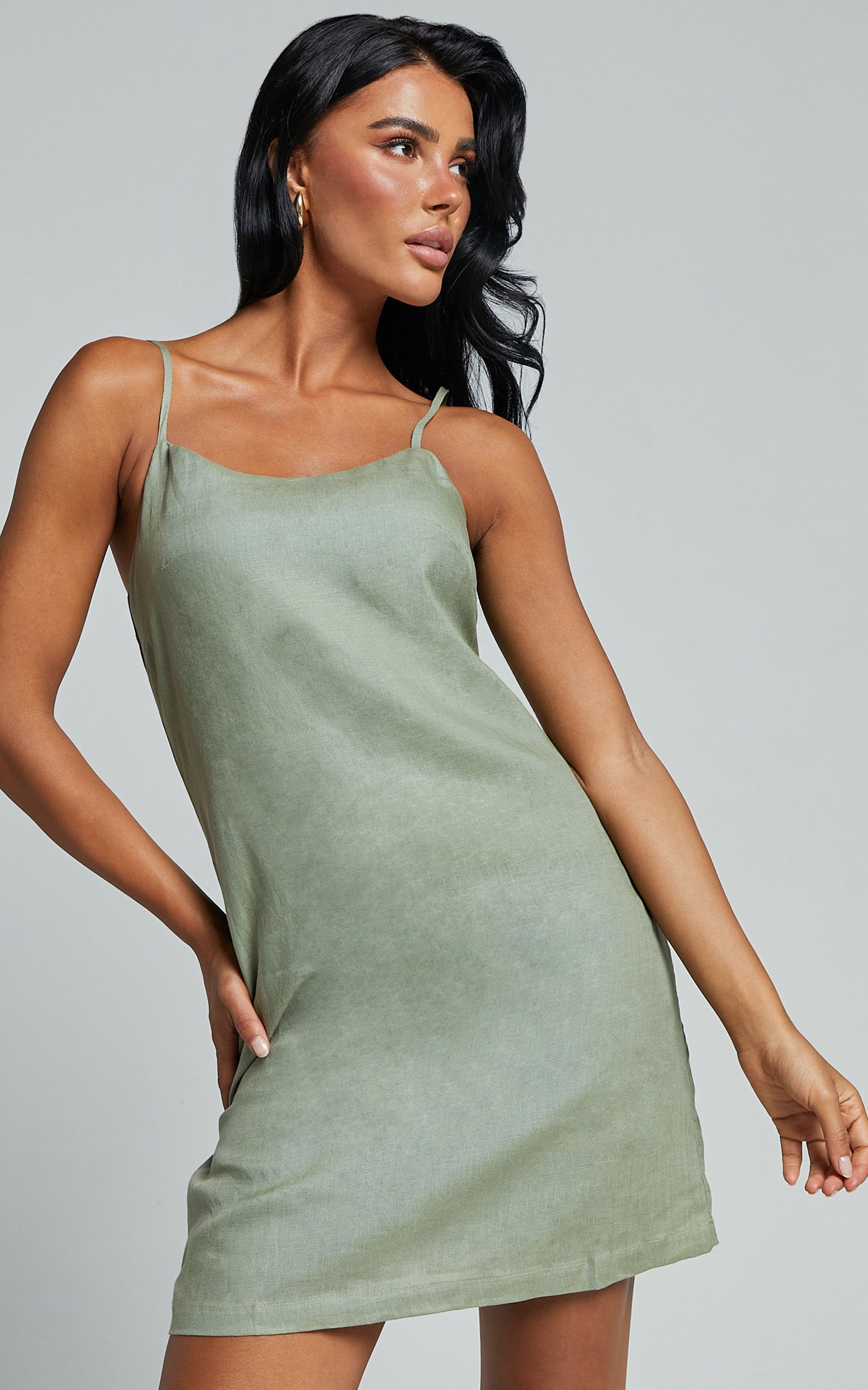 Hajja Mini Dress - Strappy Scoop Linen in Sage