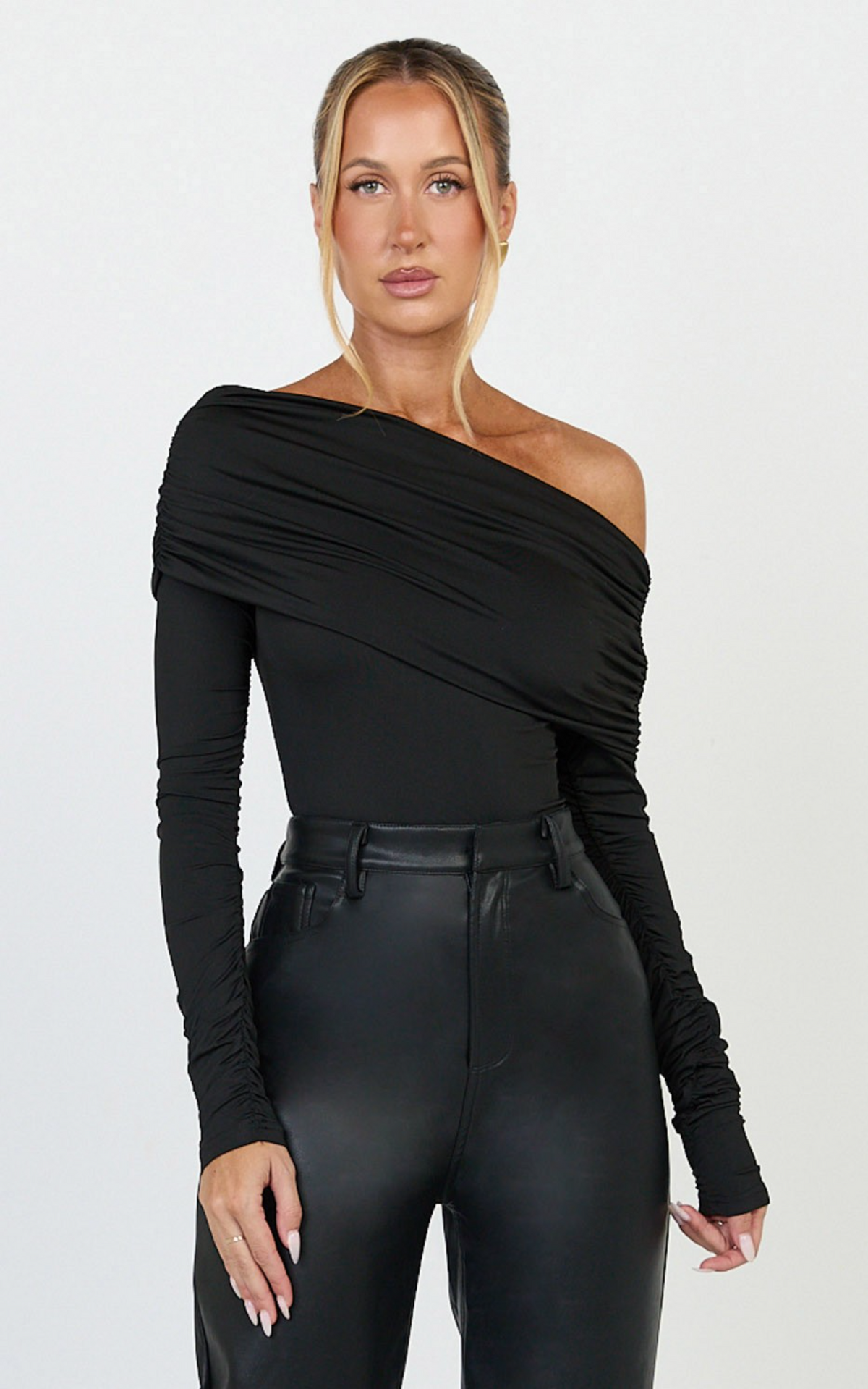 Hallie Bodysuit - One Shoulder Draped Long Sleeve Bodysuit in Black