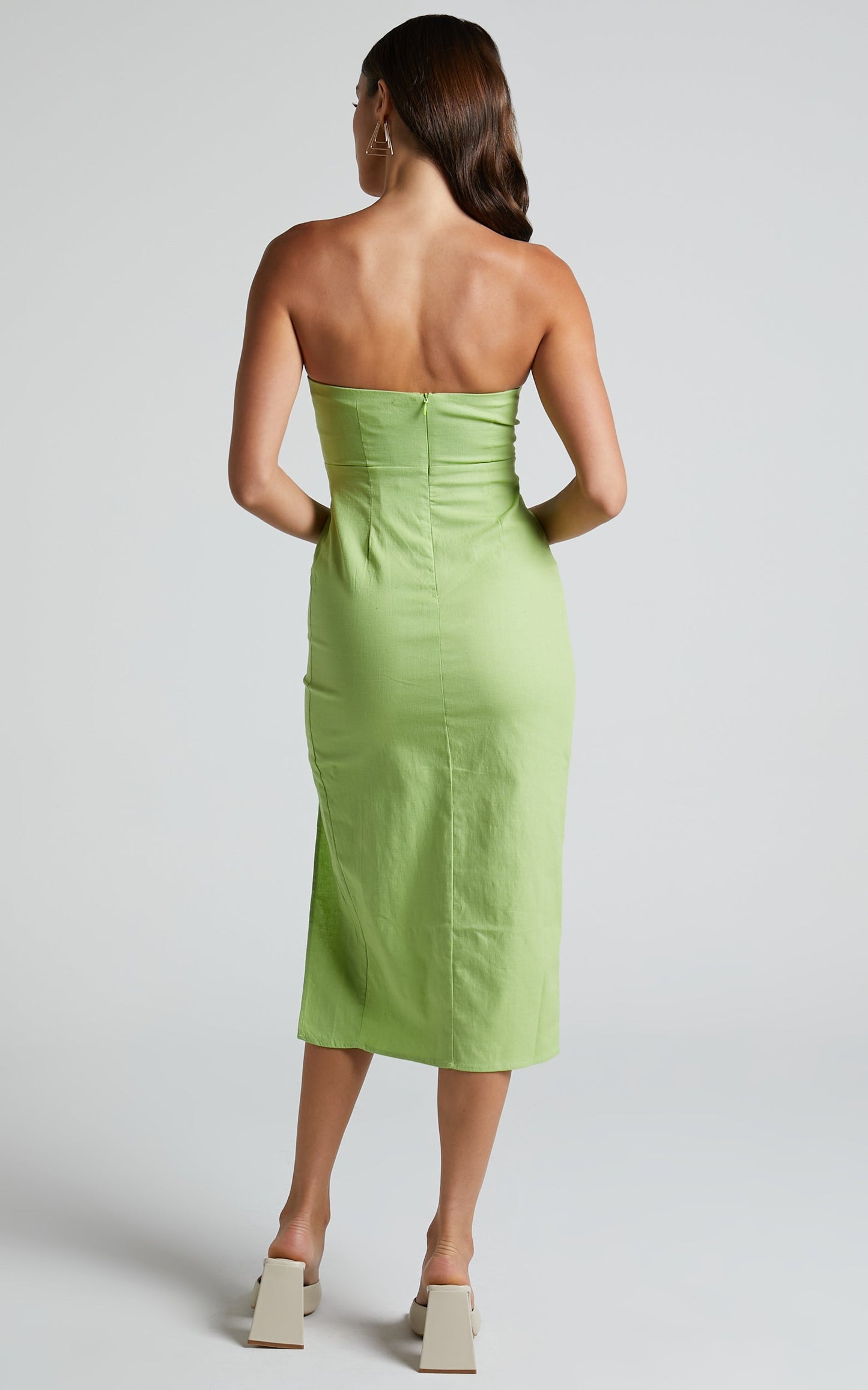 Hannie Midi Dress - Thigh Split Strapless Dress in Green
