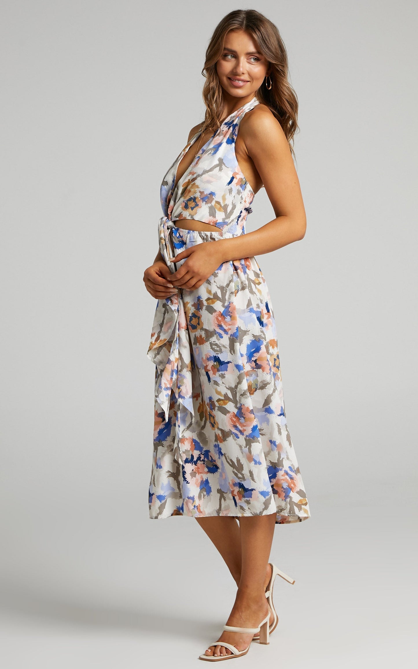Harlee Halter Neck Cut Out Midi Dress in Blue Floral