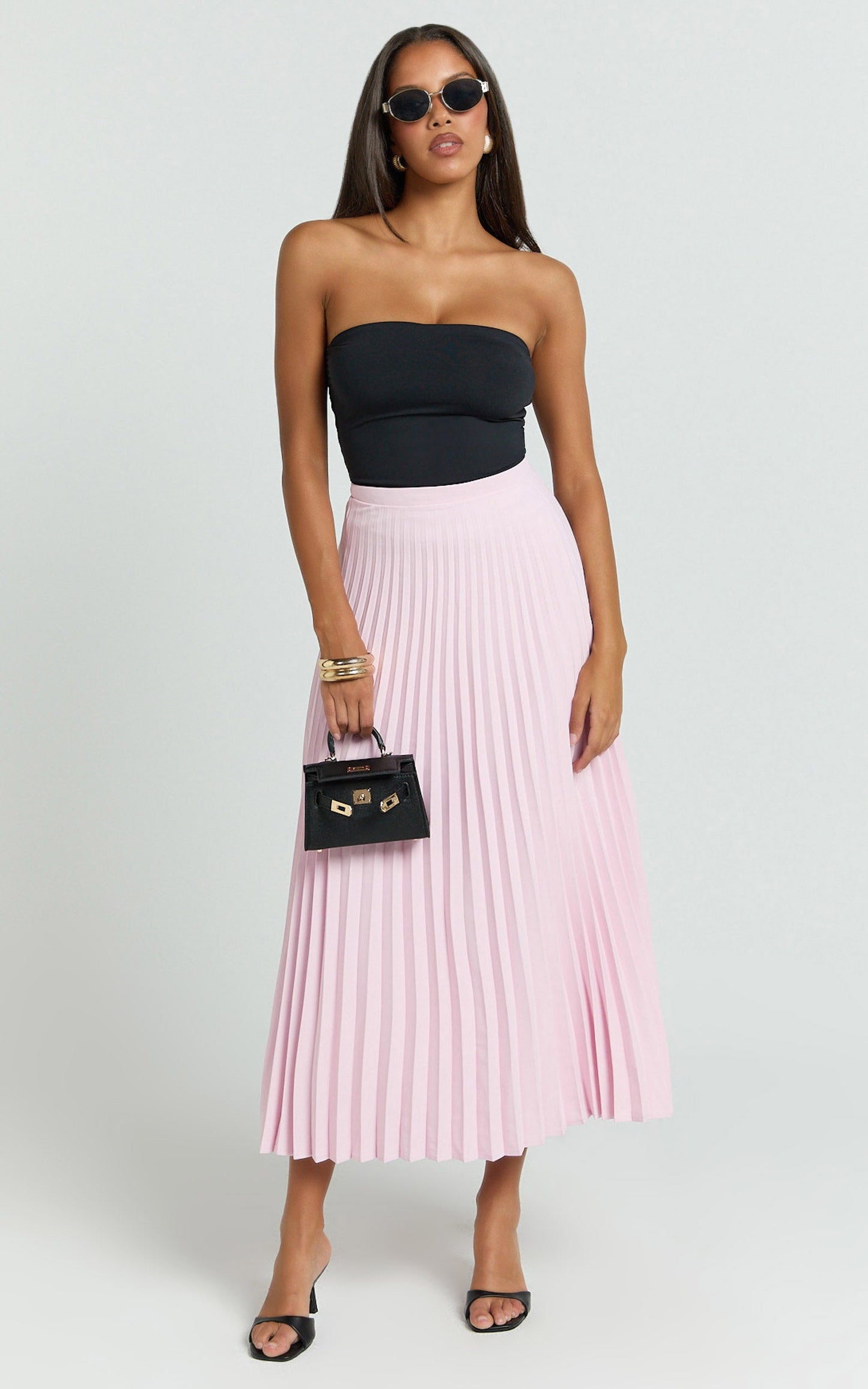Harlee Midi Skirt - Pleated High Waist A Line Skirt in Baby Pink