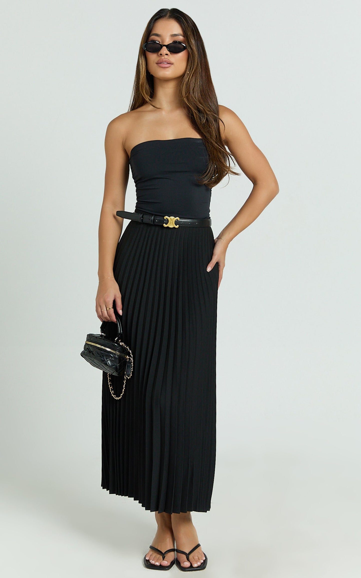 Harlee Midi Skirt - Pleated High Waist A Line Skirt in Black