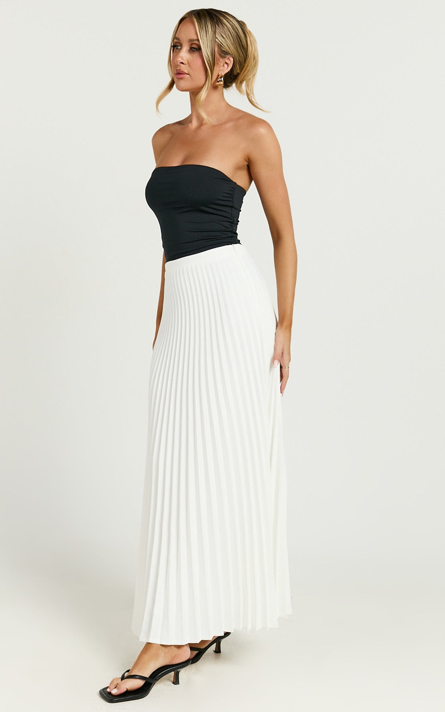 Harlee Midi Skirt - Pleated High Waist A Line Skirt in White