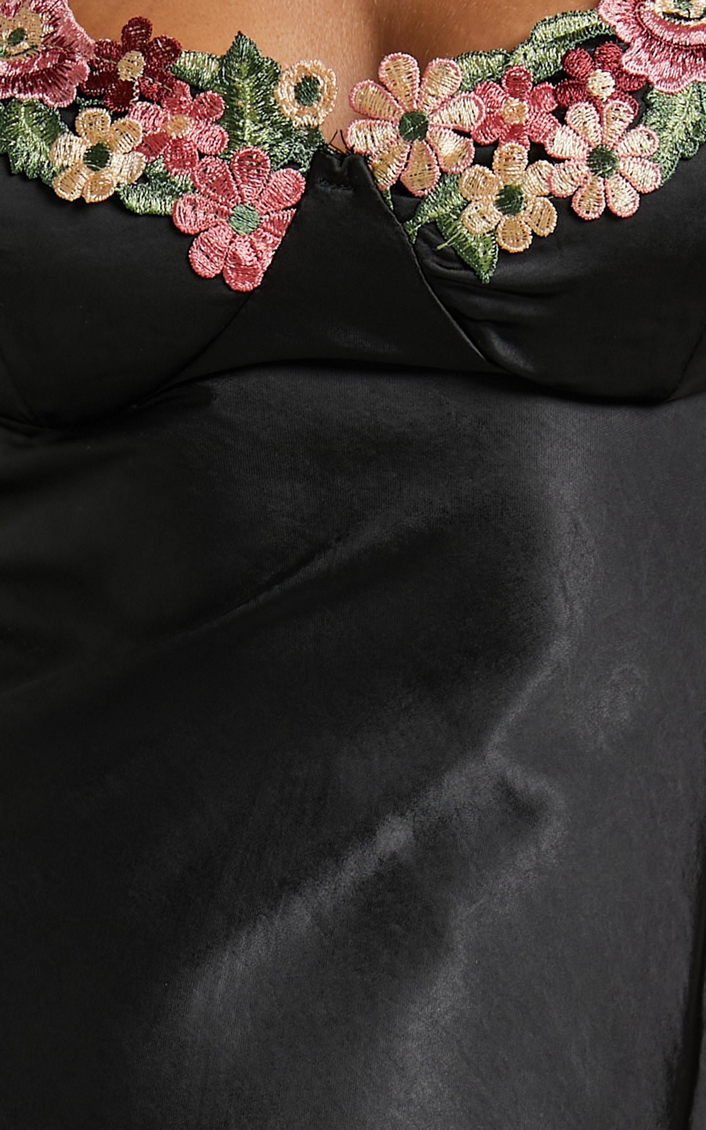 Harmony Midi Dress - Floral Detail Cup Bust Satin Dress in Black
