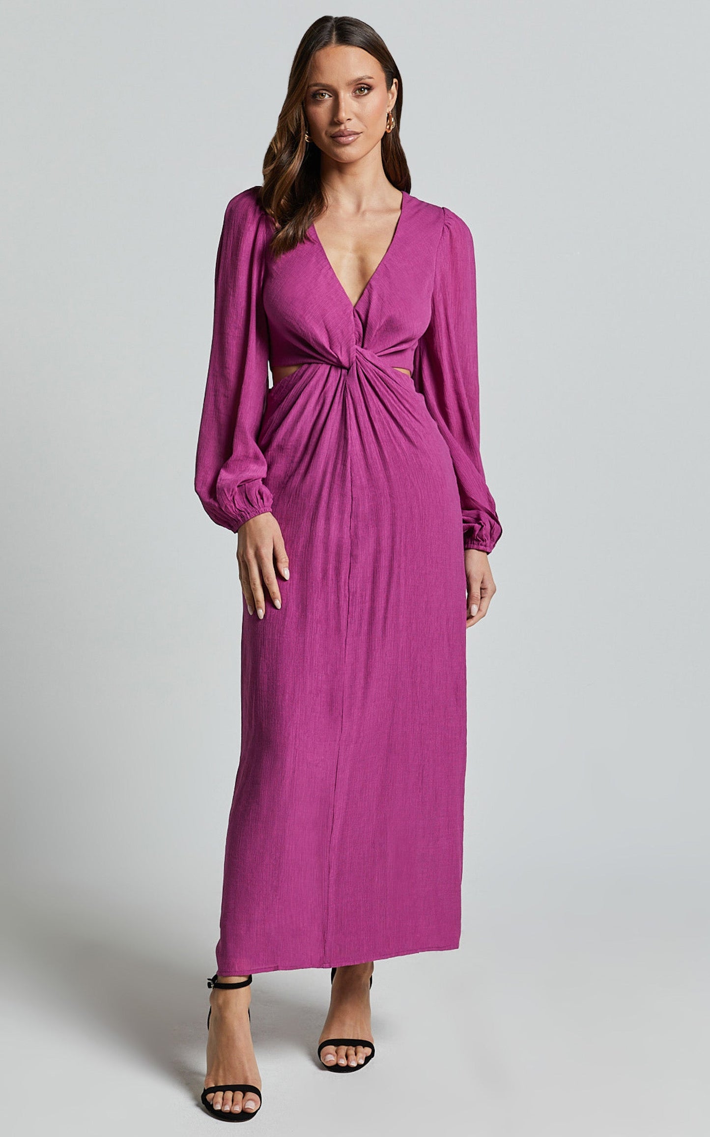 Harriet Midi Dress - Blouson Sleeve Cut Out Dress in Mulberry