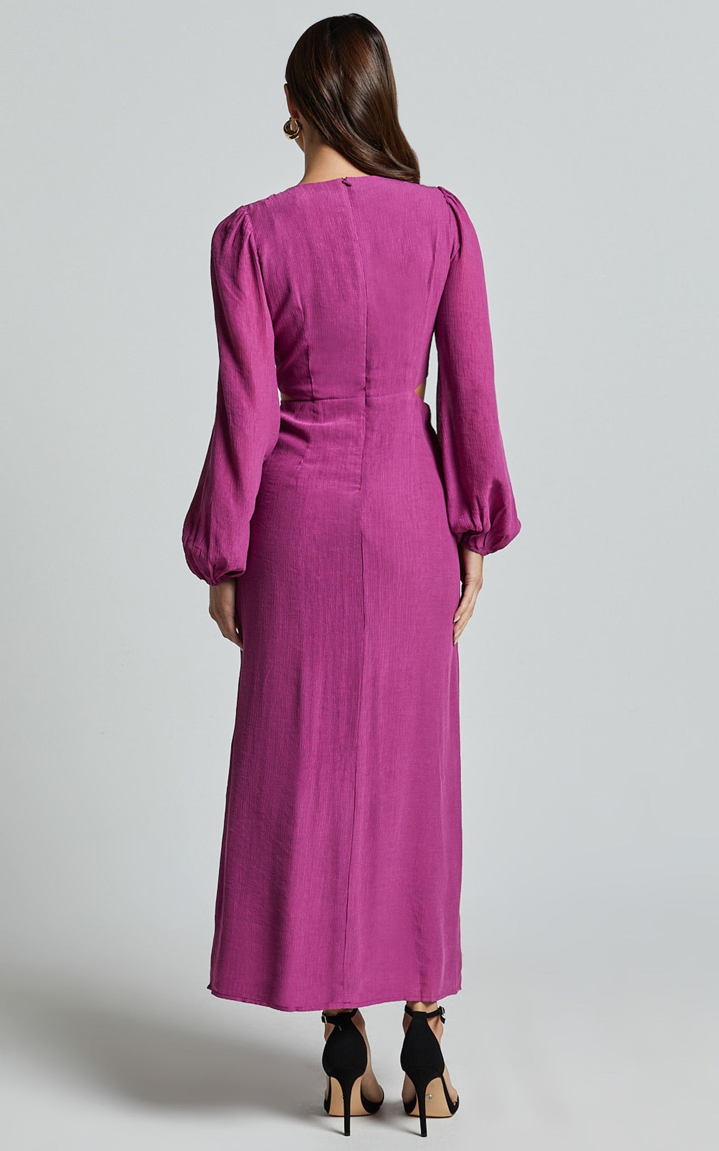 Harriet Midi Dress - Blouson Sleeve Cut Out Dress in Mulberry