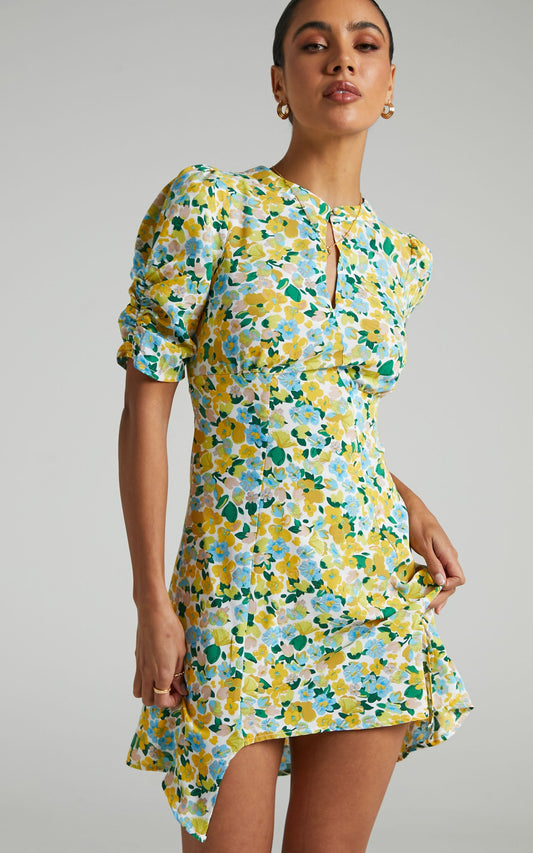 Hartford Front Key Hole Mini Dress in Green Floral
