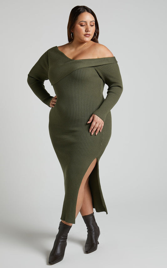 Hasanna Midi Dress - Asymmetrical One Shoulder Long Sleeve Knit Dress in Khaki