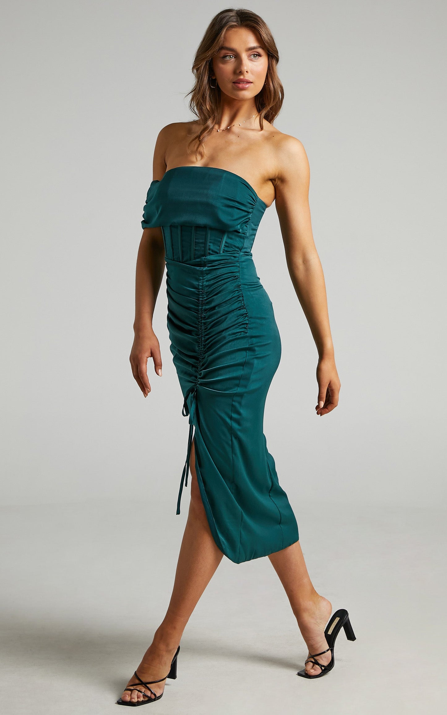Hawk Midi Dress - Off Shoulder Corset Drawstring Detail Dress in Emerald