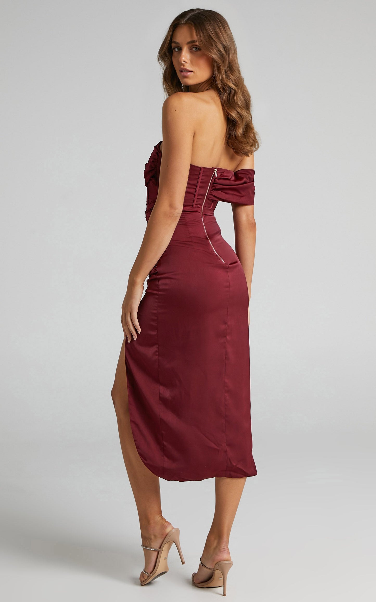 Hawk Midi Dress - Off Shoulder Corset Drawstring Detail Dress in Wine