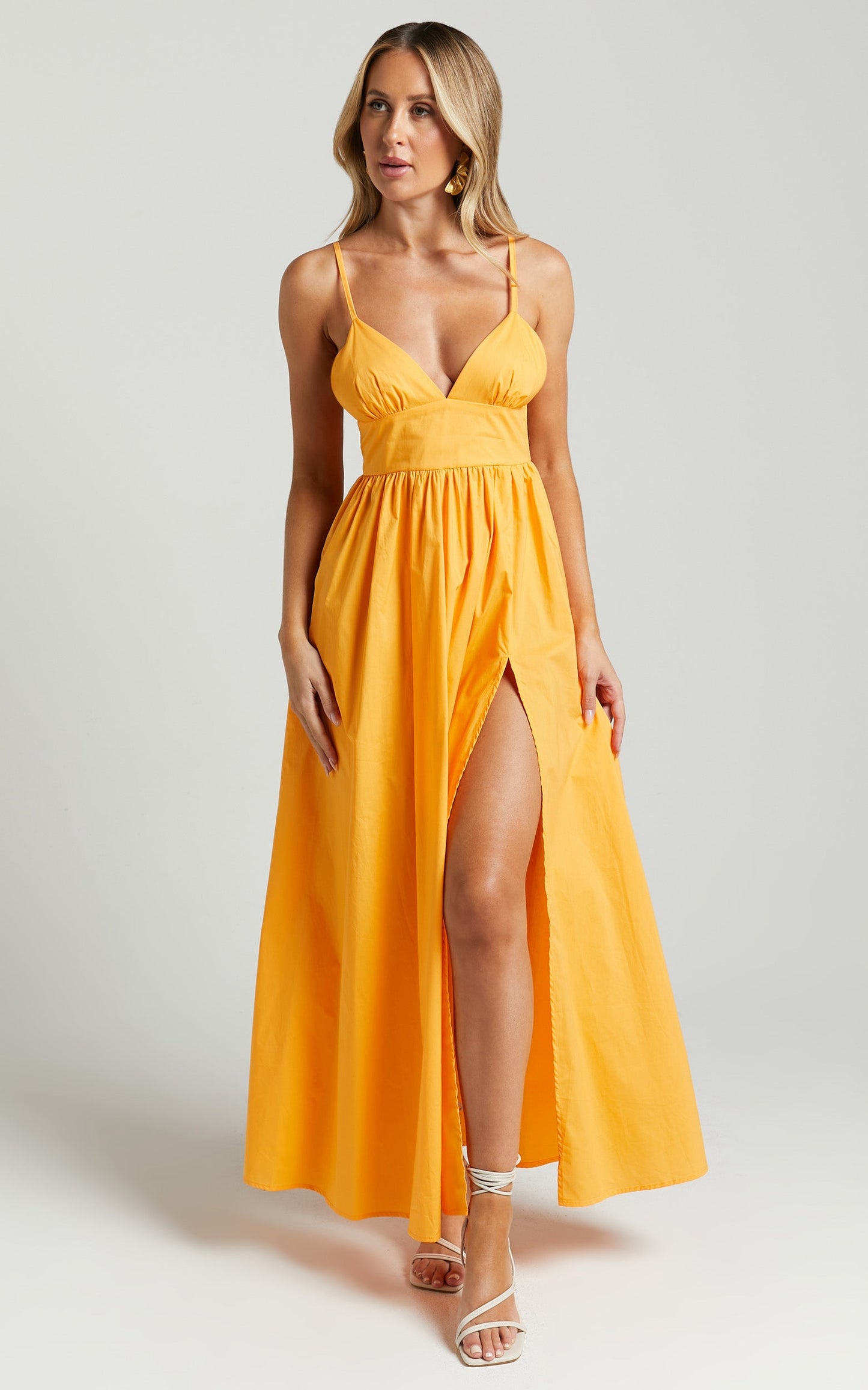 Haydie Maxi Dress - V Neck Thigh Split Dress in Marigold