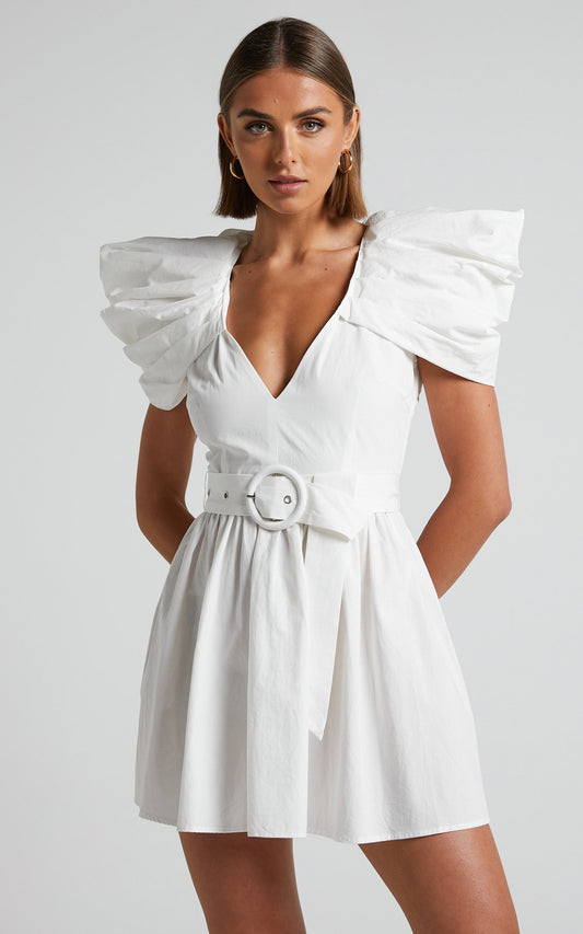 Haydie Mini Dress - Exaggerated Shoulder Belted Dress in White