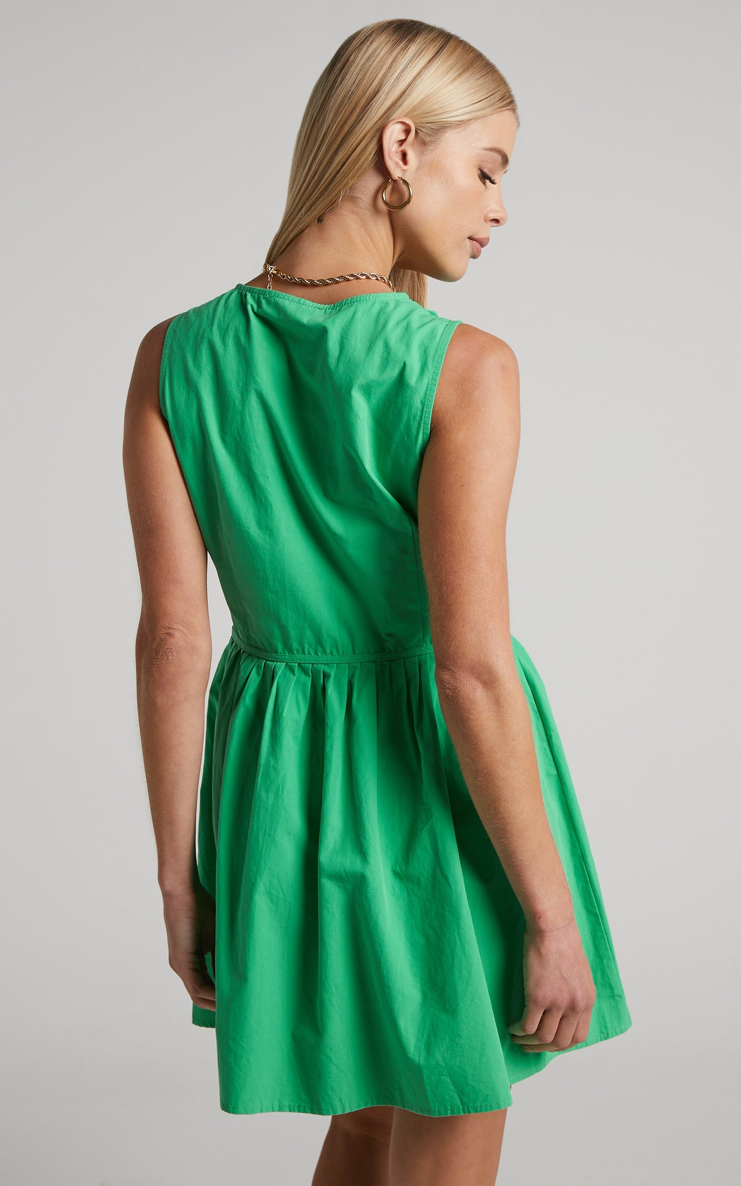 Haydie Mini Dress - Plunge Neck Pleat Detail Dress in Green
