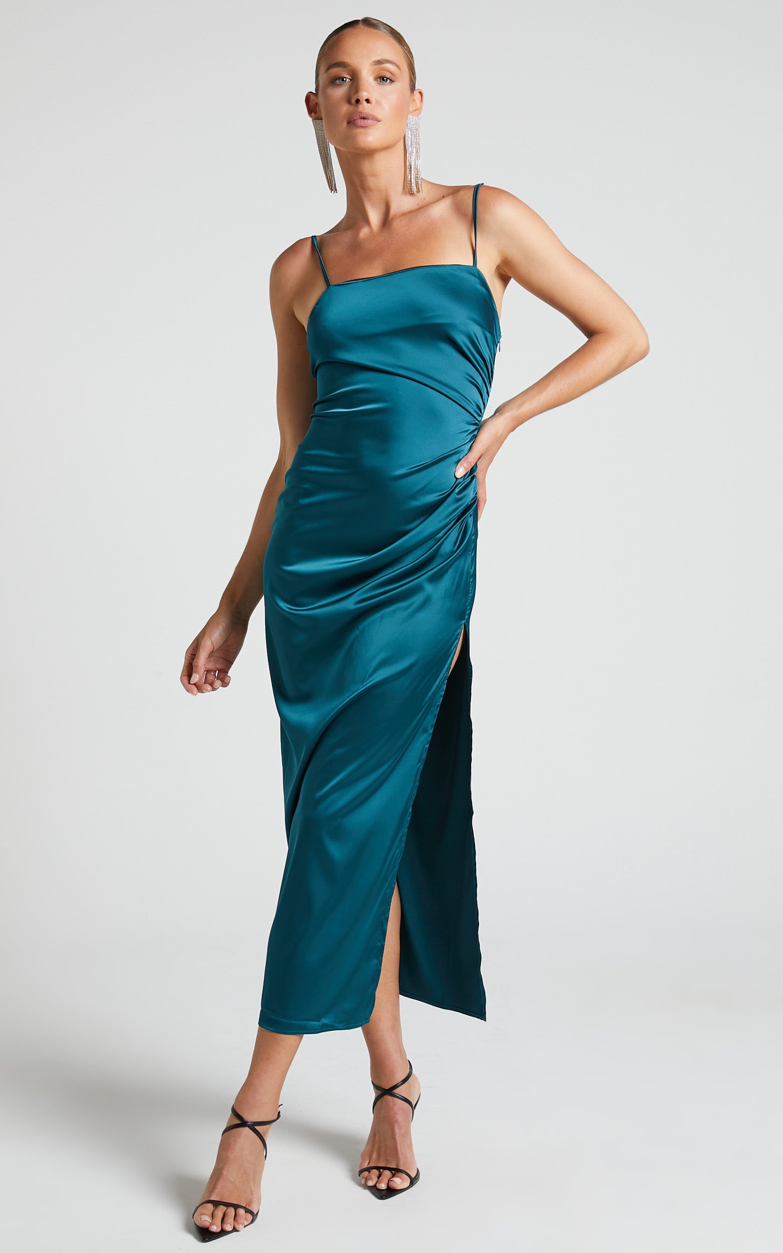 Hayien Midi Dress - Gathered Side Split Slip Dress in Teal