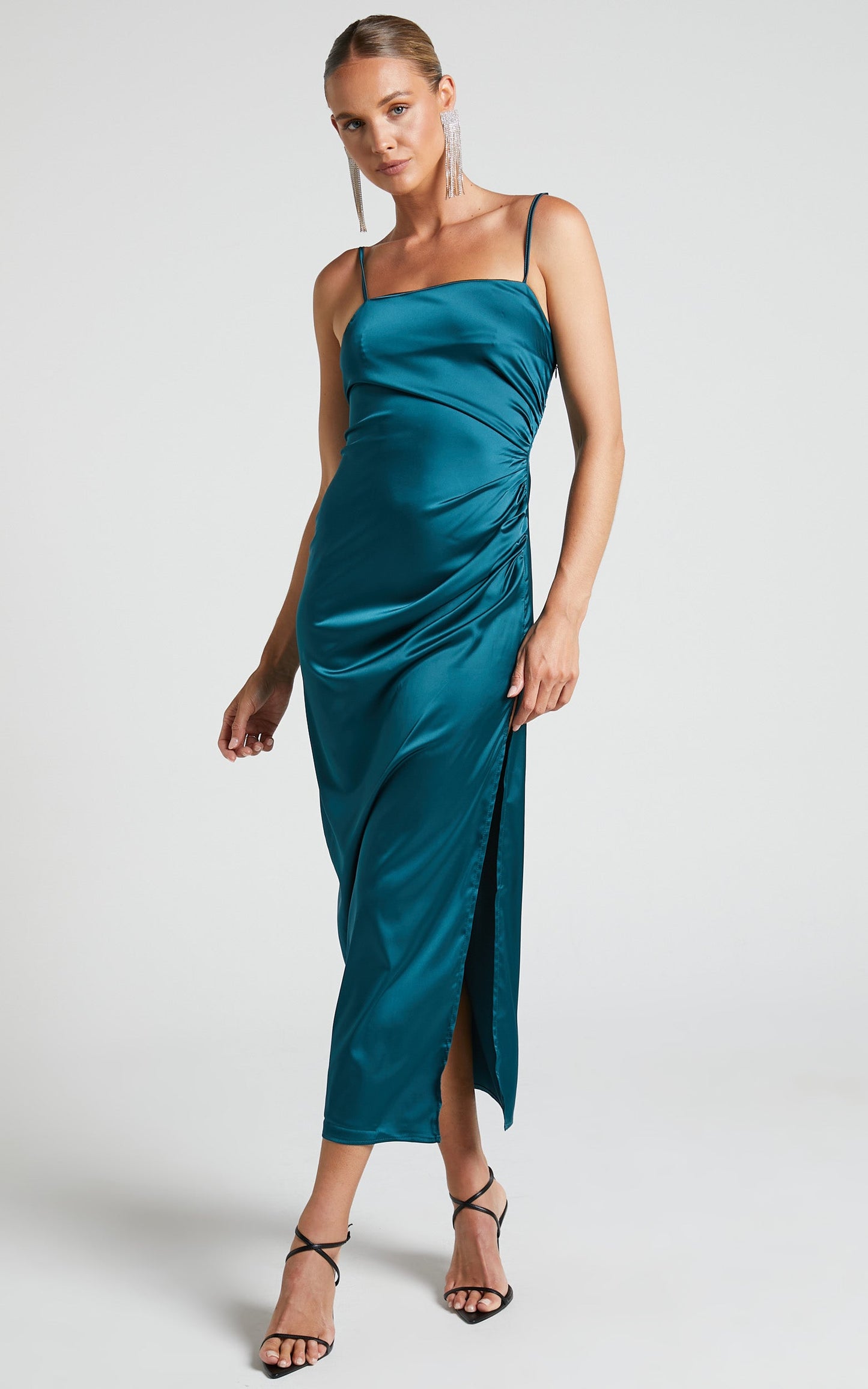 Hayien Midi Dress - Gathered Side Split Slip Dress in Teal