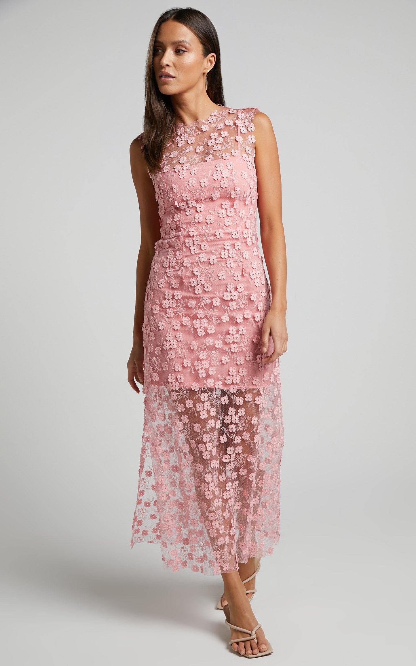 Hazel Midi Dress - 3D Flower Net Bodycon Dress in Pink