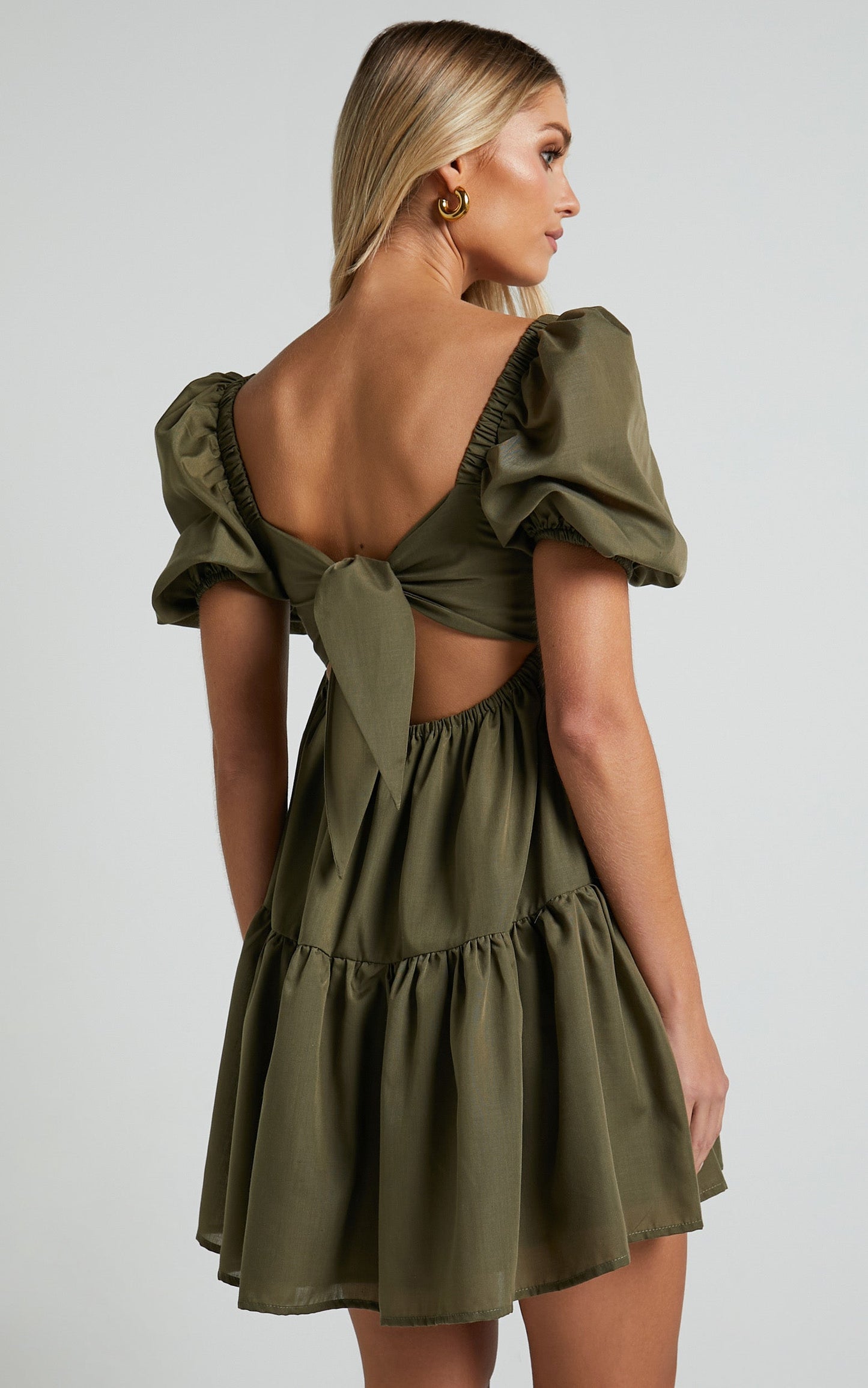 Hazel Mini Dress - Short Sleeve Tiered Tie Back Smock Dress in Khaki