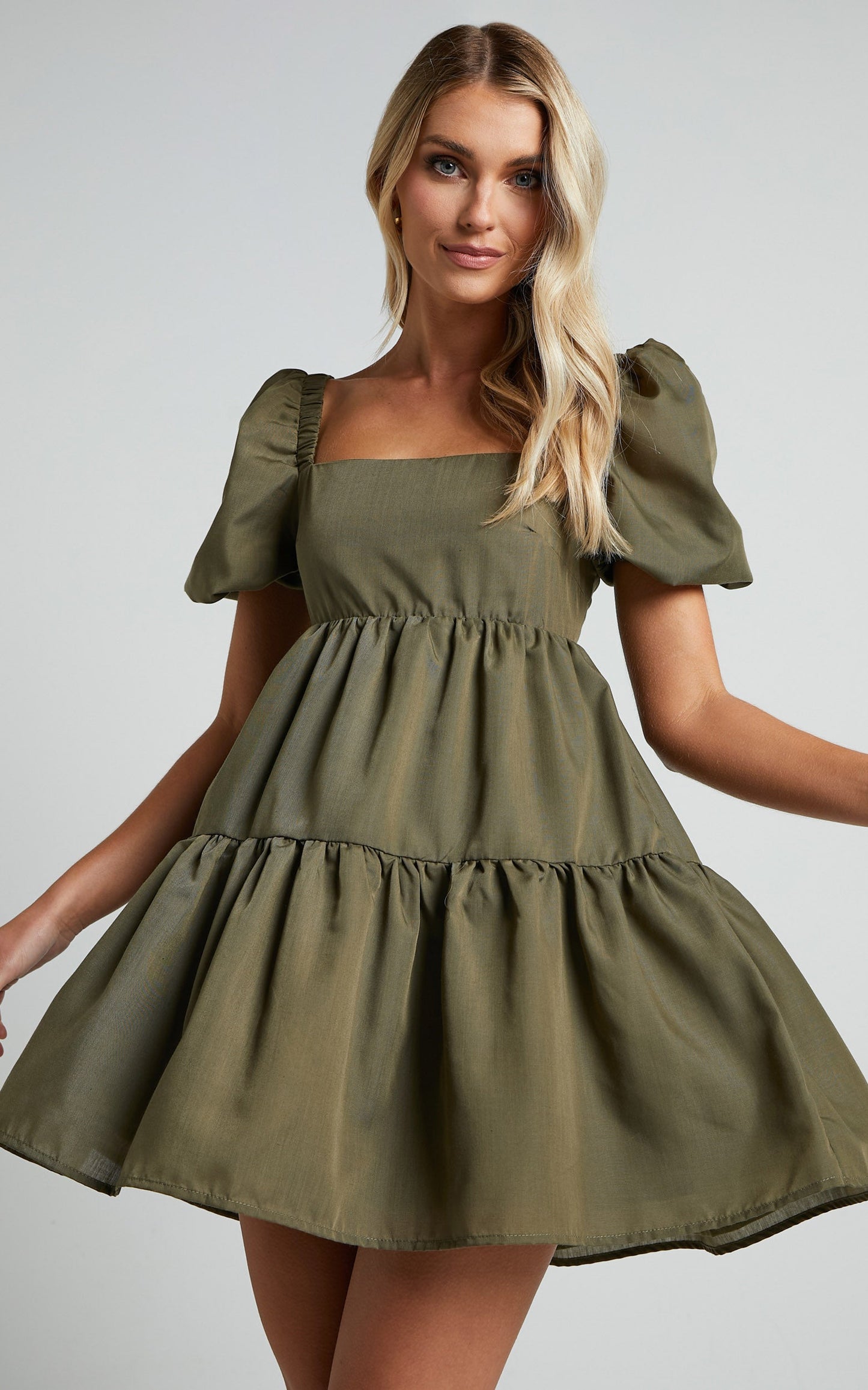 Hazel Mini Dress - Short Sleeve Tiered Tie Back Smock Dress in Khaki