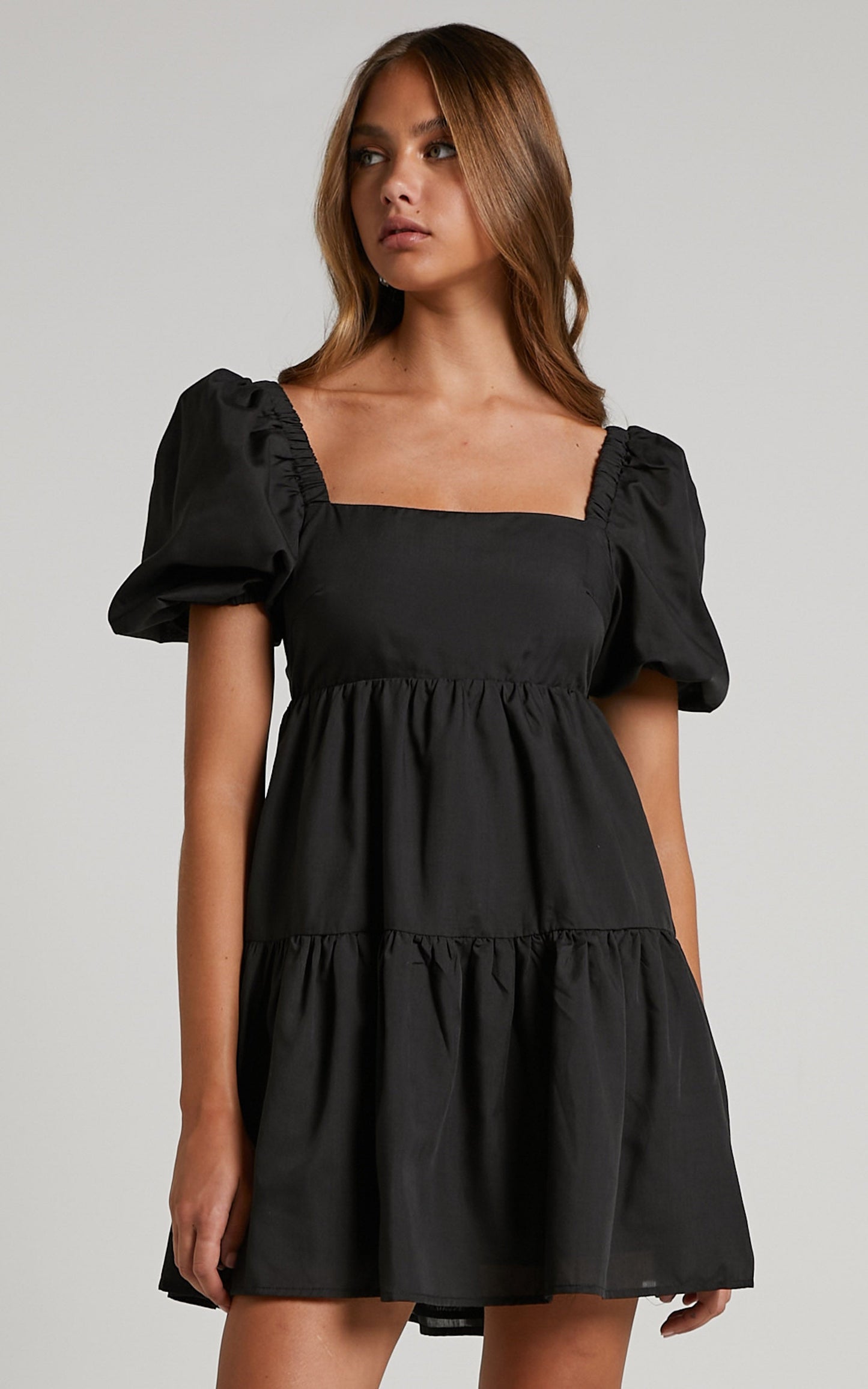 Hazel Mini Dress - Short Sleeve Tiered Tie Back Smock Dress in Black