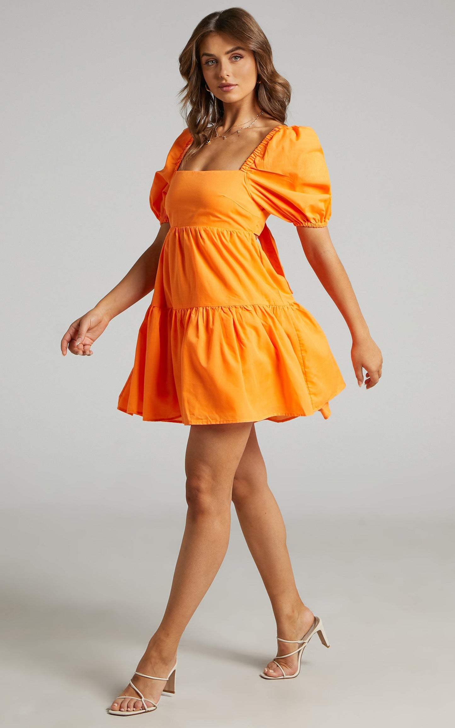 Hazel Mini Dress - Short Sleeve Tiered Tie Back Smock Dress in Orange