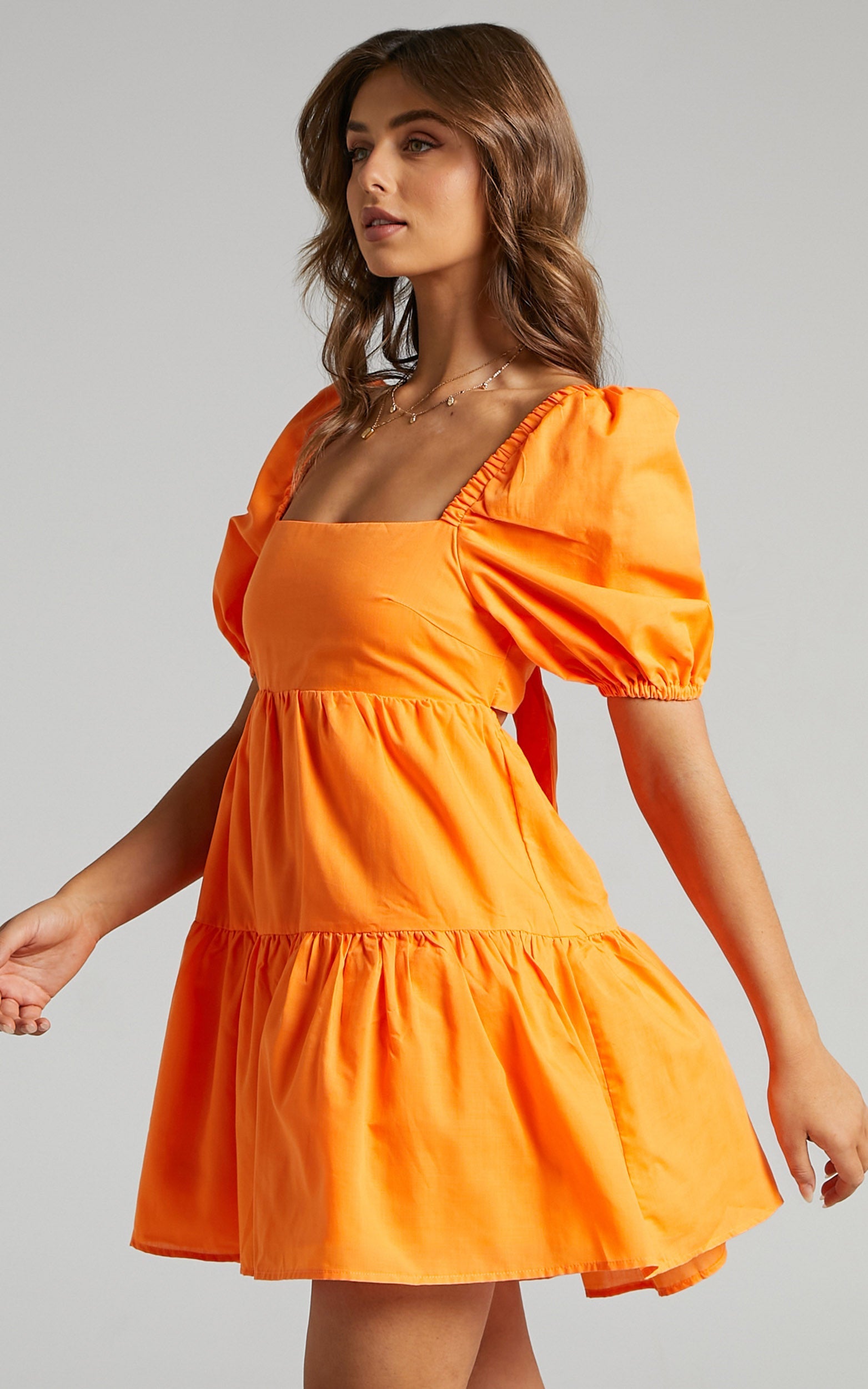 Hazel Mini Dress - Short Sleeve Tiered Tie Back Smock Dress in Orange