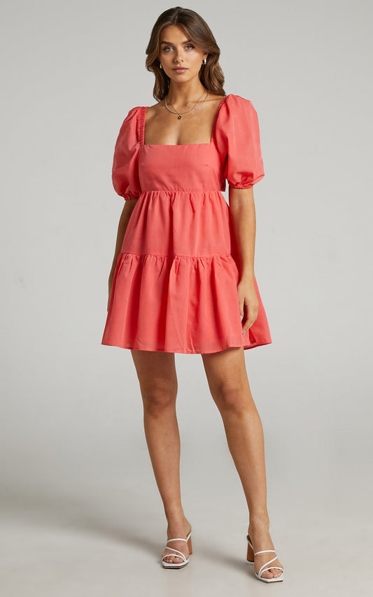 Hazel Mini Dress - Short Sleeve Tiered Tie Back Smock Dress in Watermelon