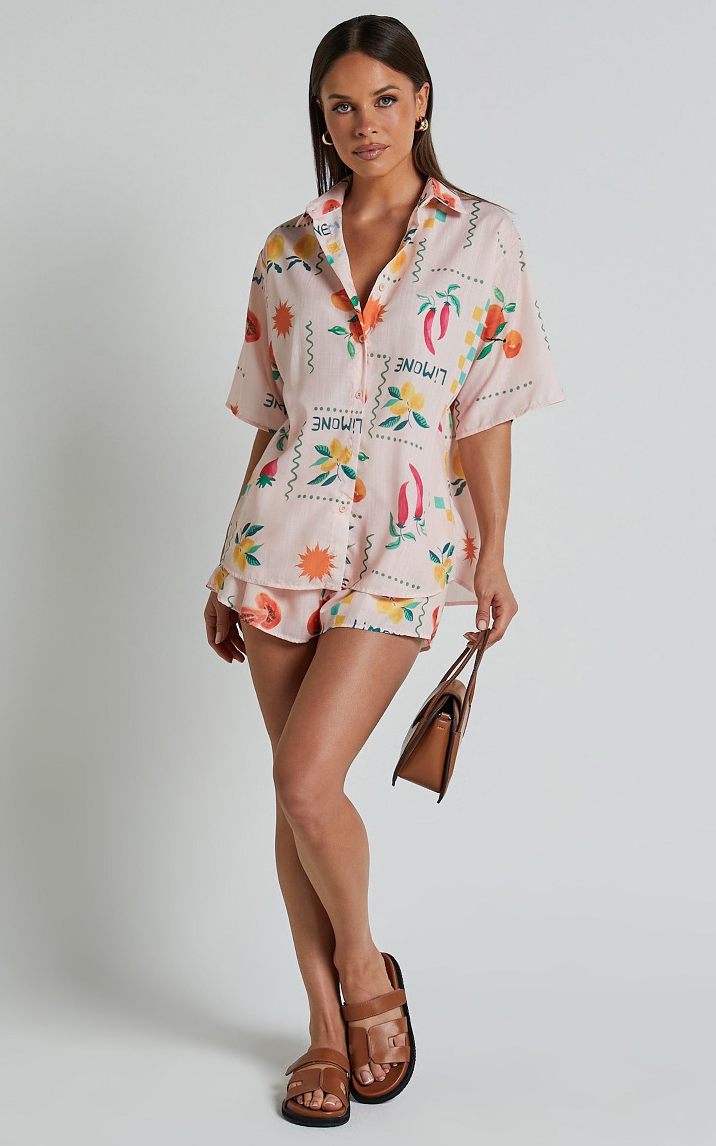 Hazel Two Piece Set - Short Sleeve Shirt & Short Set in Peach Print