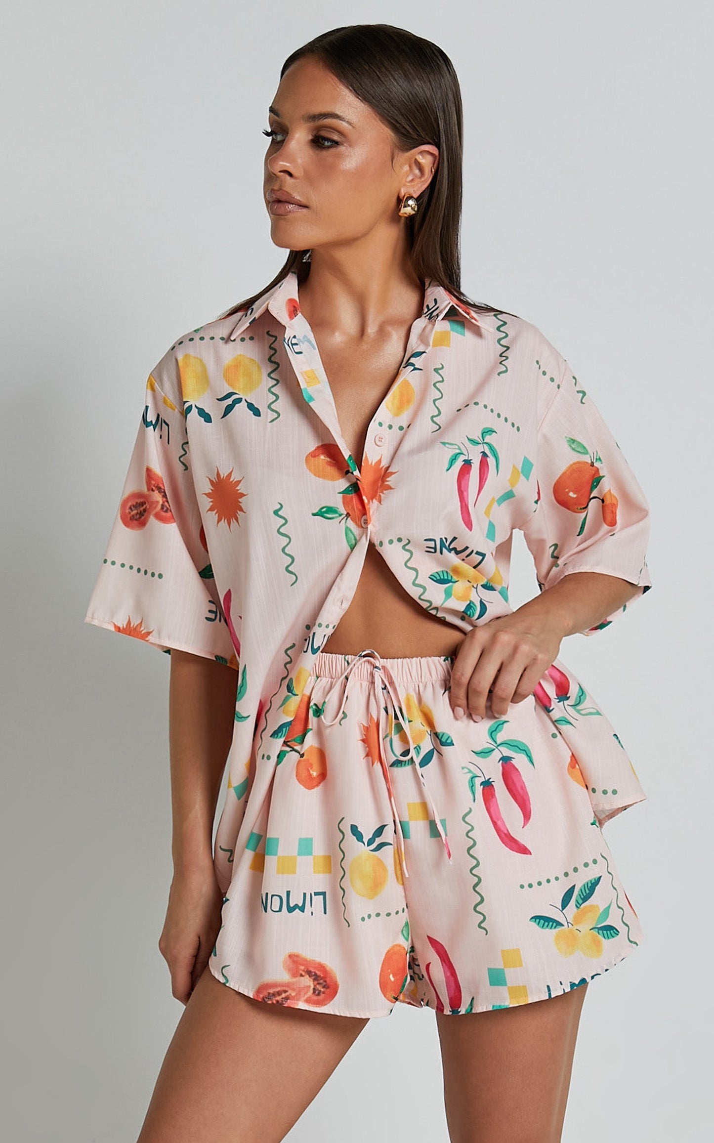Hazel Two Piece Set - Short Sleeve Shirt & Short Set in Peach Print