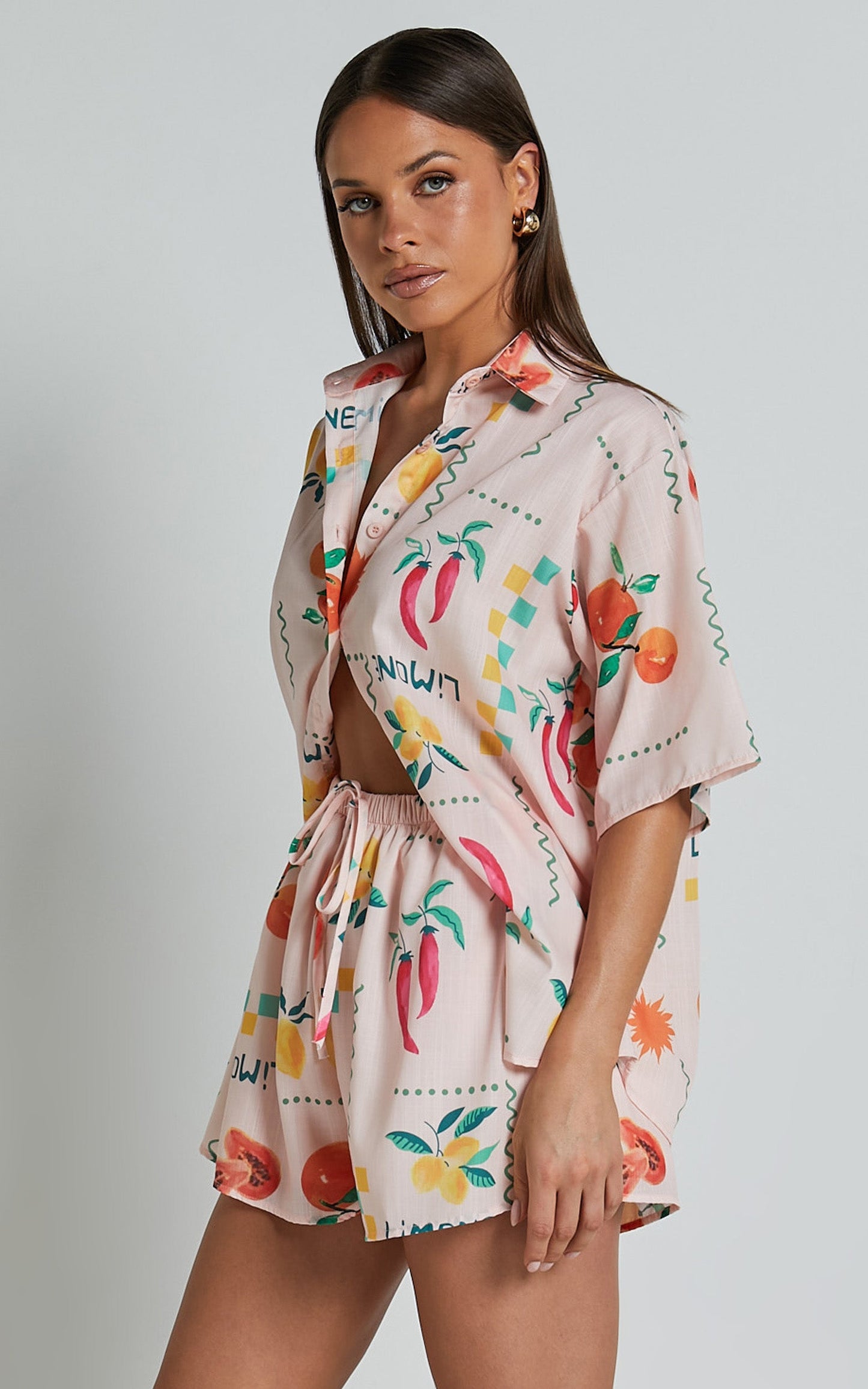 Hazel Two Piece Set - Short Sleeve Shirt & Short Set in Peach Print