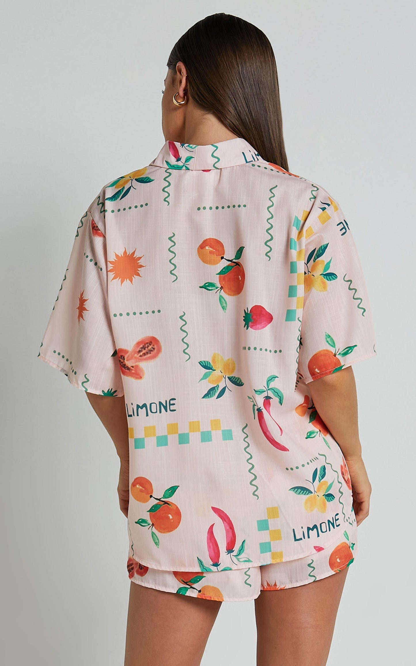 Hazel Two Piece Set - Short Sleeve Shirt & Short Set in Peach Print