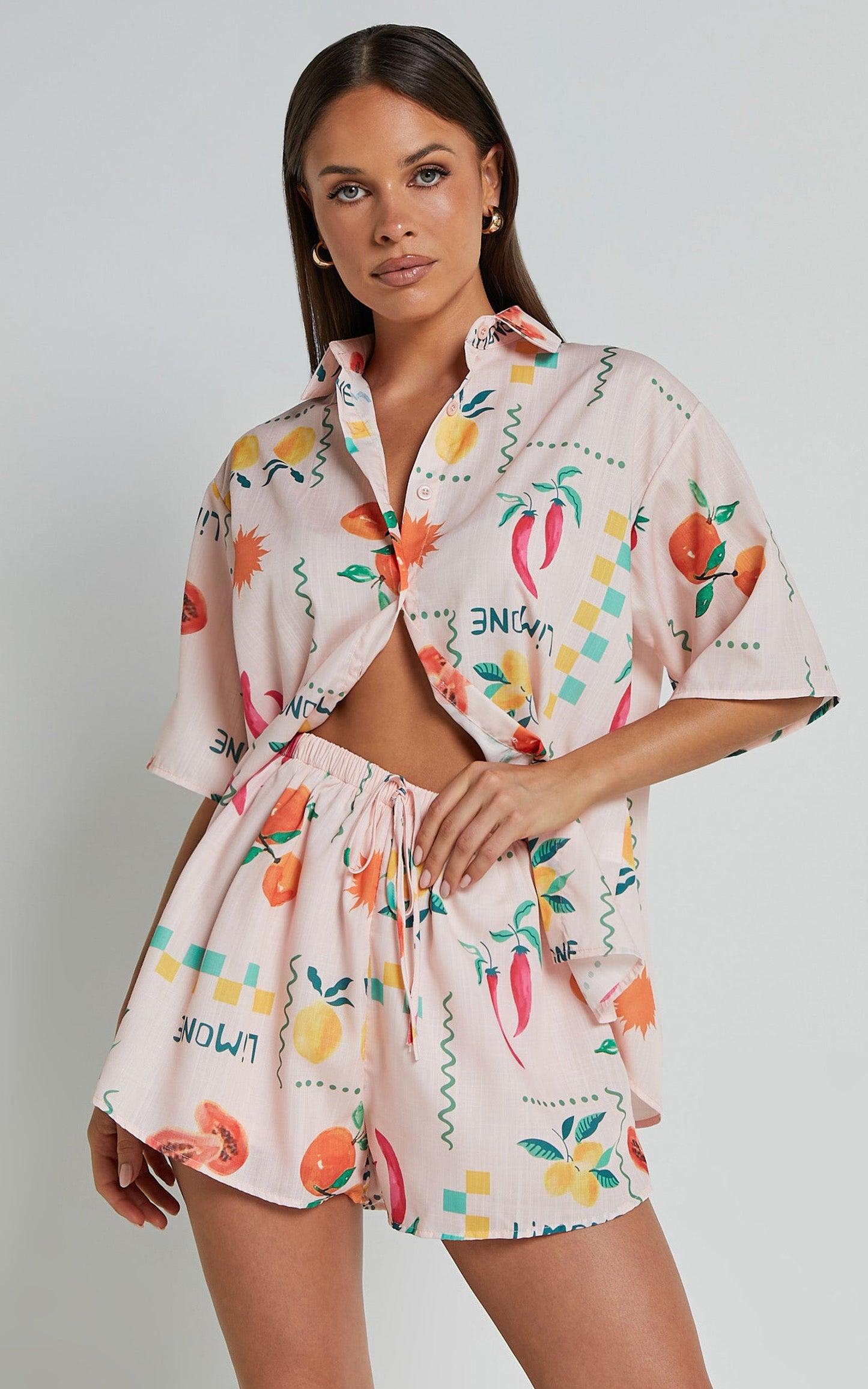 Hazel Two Piece Set - Short Sleeve Shirt & Short Set in Peach Print