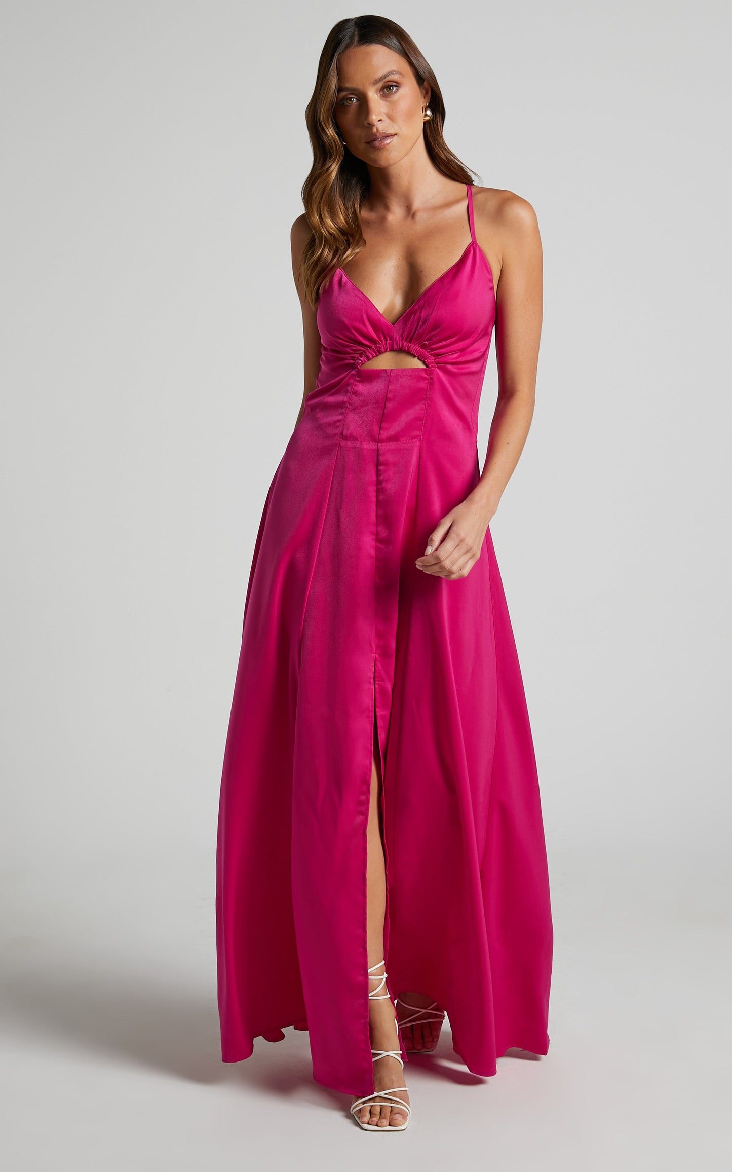 Hazella Midi Dress - V Neck Cut Out Cross Back Satin Dress in Hot Pink