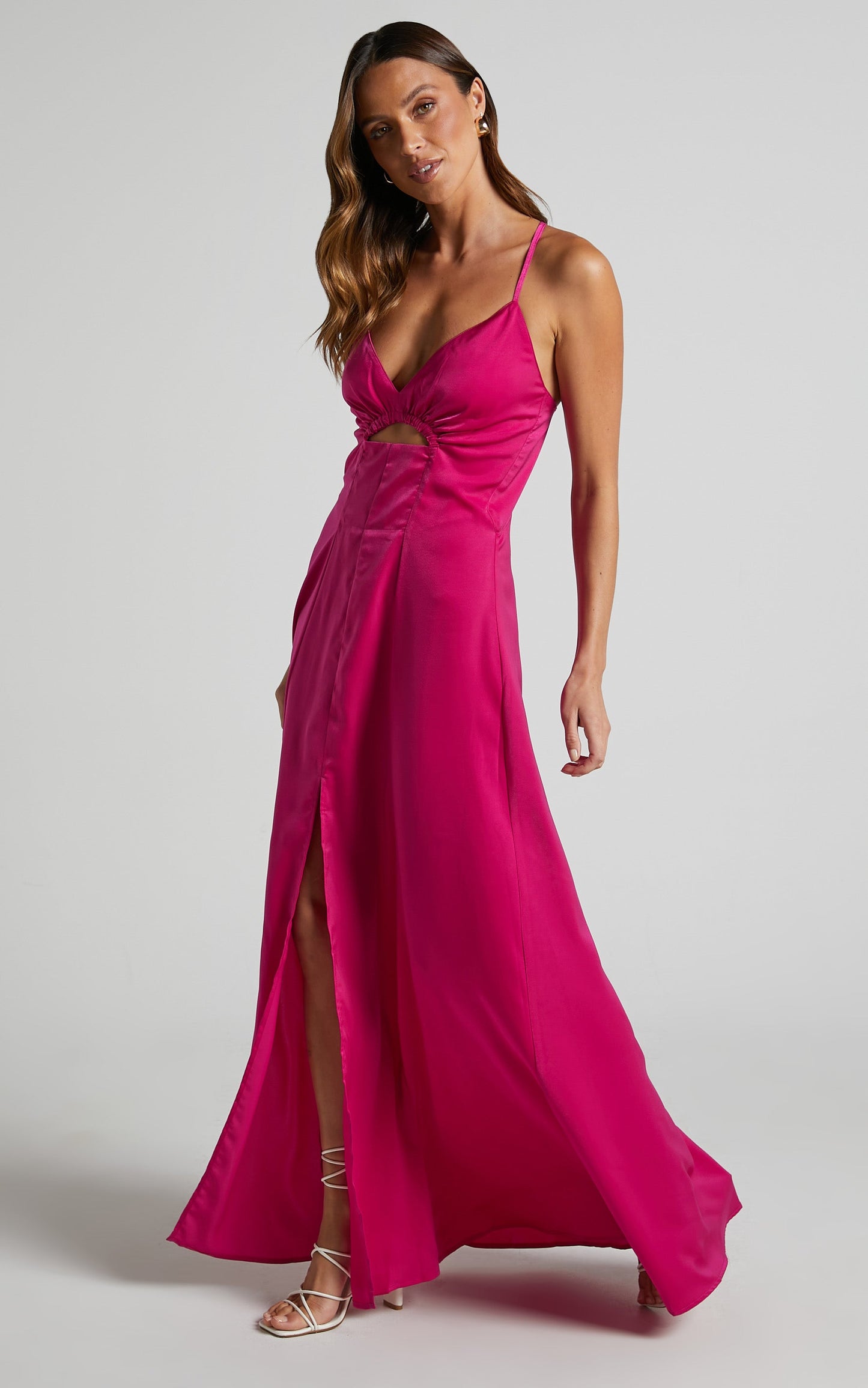 Hazella Midi Dress - V Neck Cut Out Cross Back Satin Dress in Hot Pink