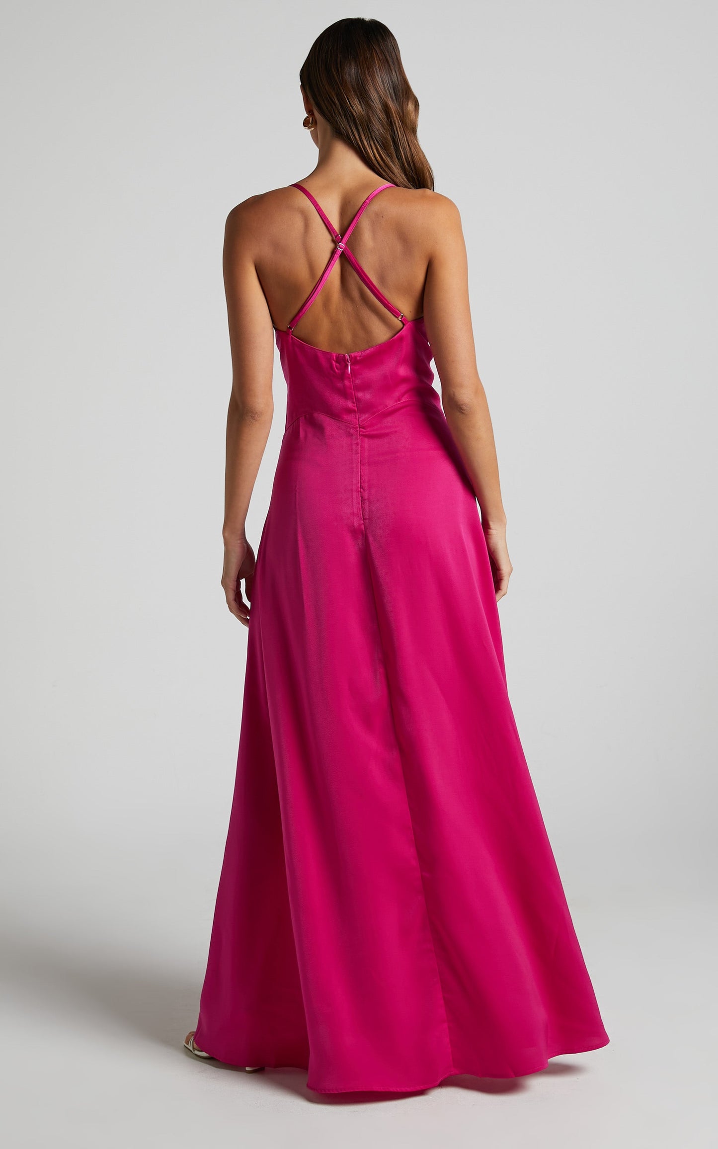 Hazella Midi Dress - V Neck Cut Out Cross Back Satin Dress in Hot Pink