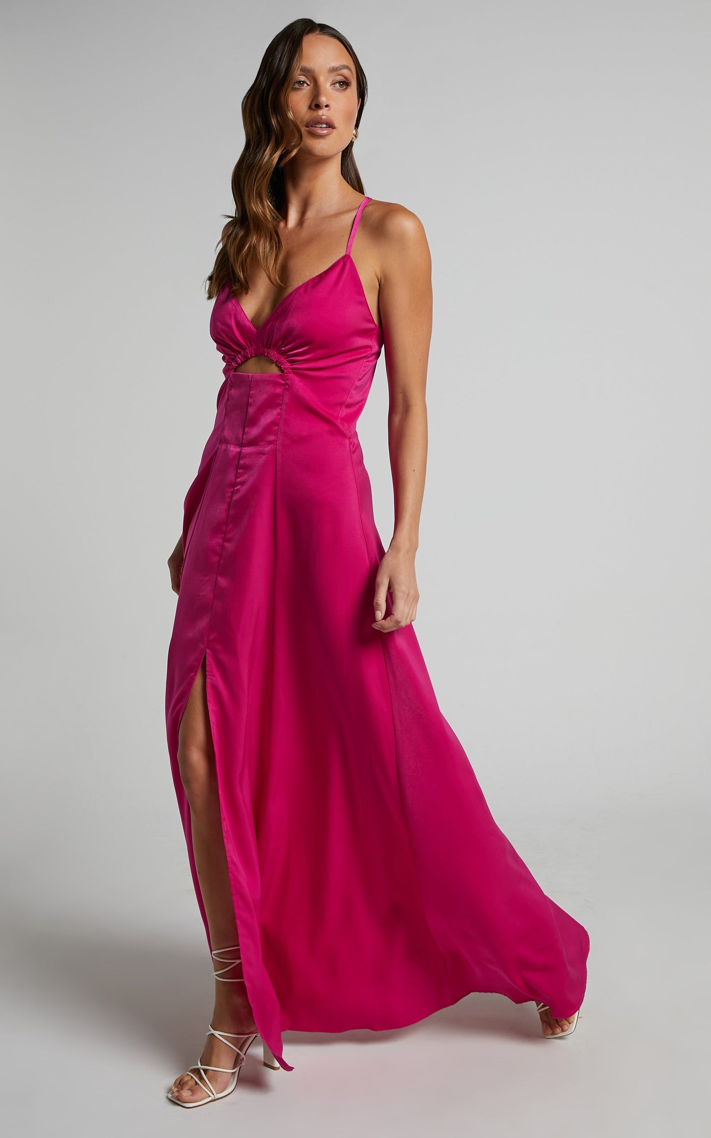 Hazella Midi Dress - V Neck Cut Out Cross Back Satin Dress in Hot Pink