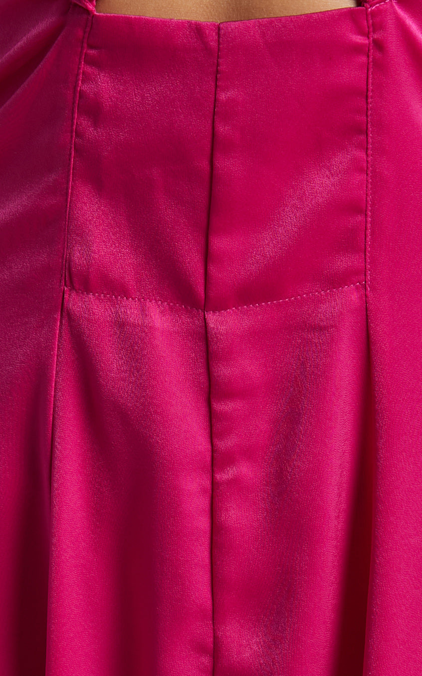 Hazella Midi Dress - V Neck Cut Out Cross Back Satin Dress in Hot Pink