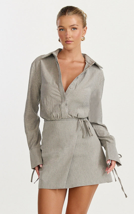 Heath Mini Dress - Pinstripe Collared Button Up Shirt Dress in Black Stripe