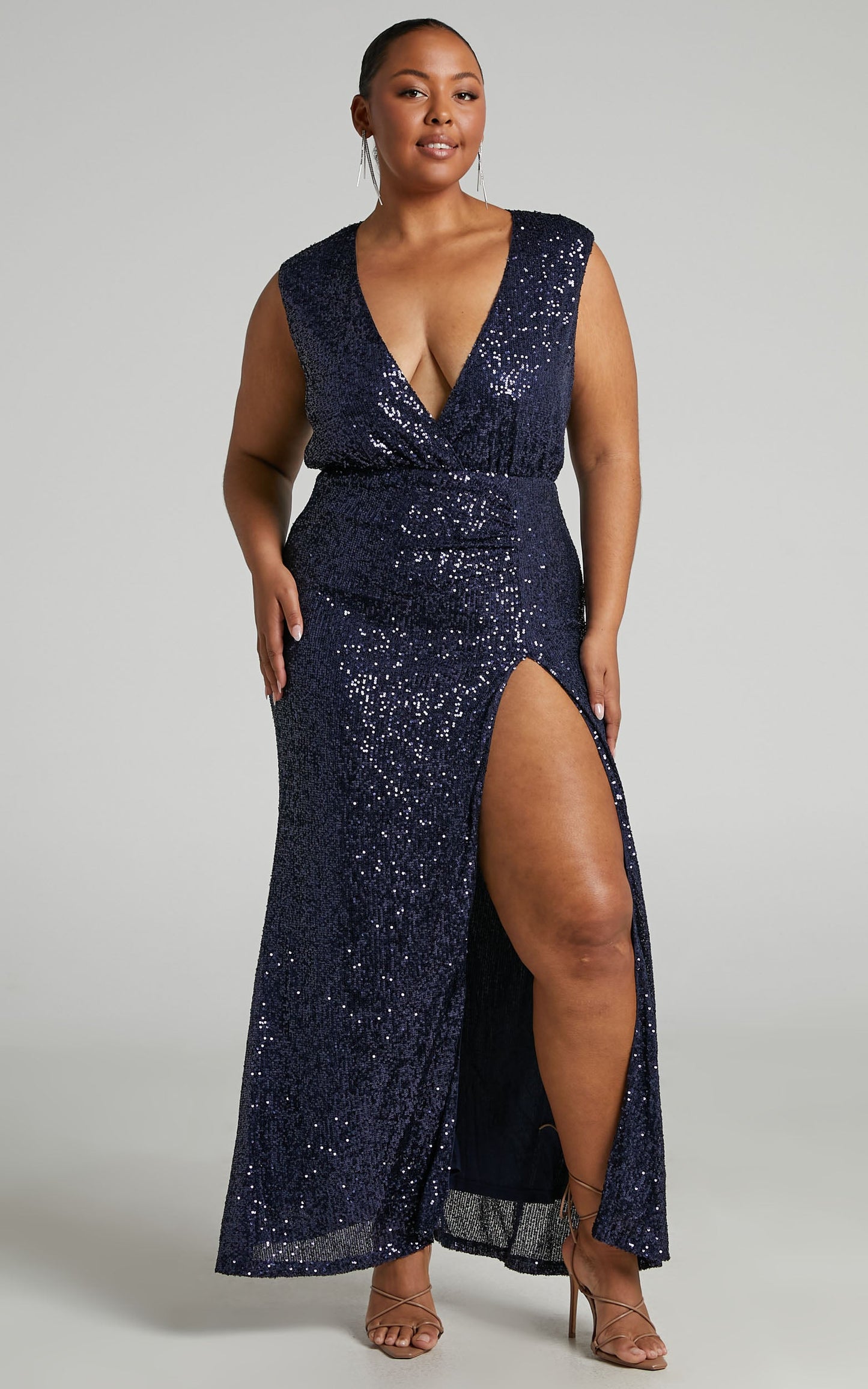 Helaena Midi Dress - Plunge Neck Thigh Split Sequin Dress in Navy Sequin