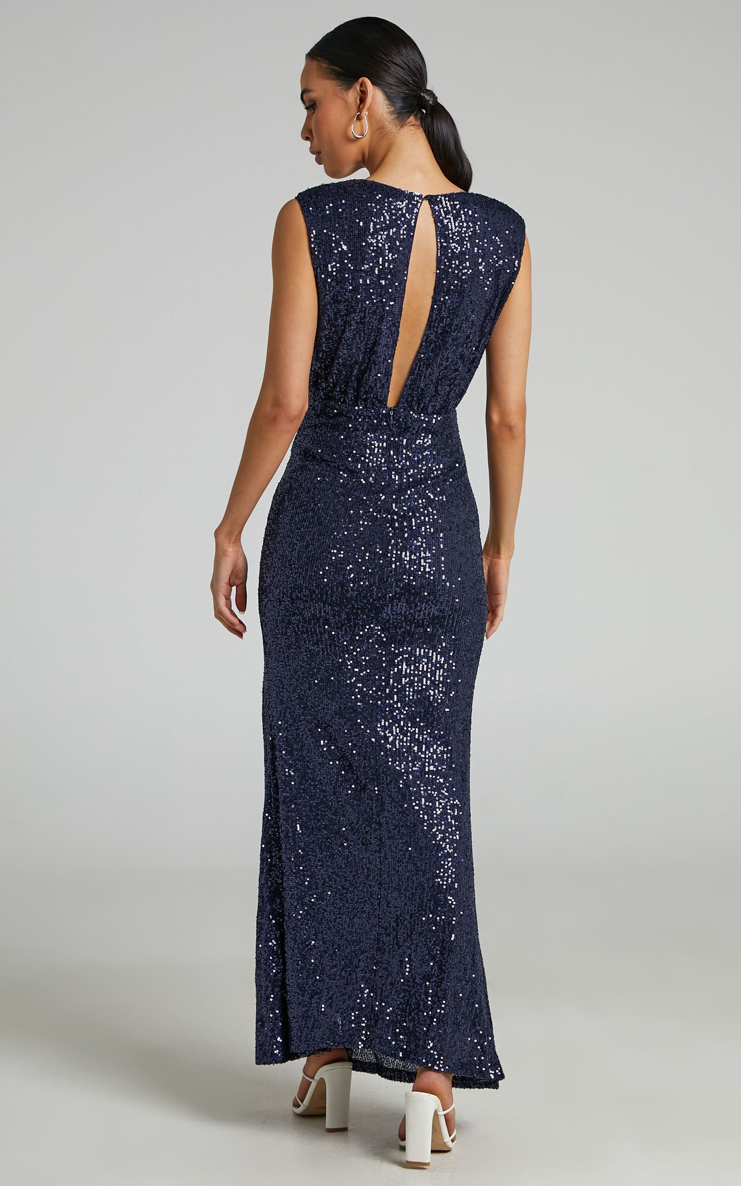 Helaena Midi Dress - Plunge Neck Thigh Split Sequin Dress in Navy Sequin