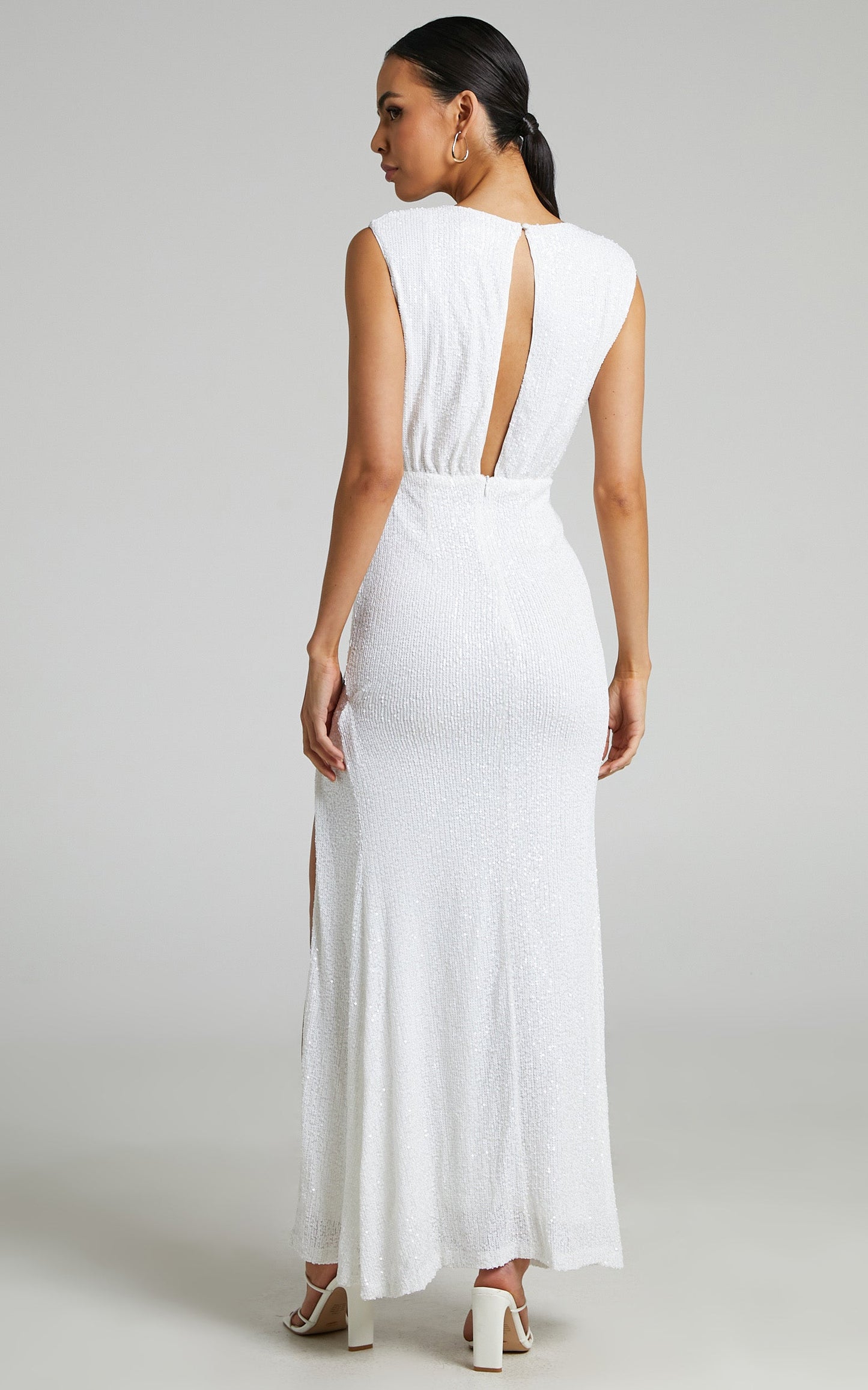 Helaena Midi Dress - Plunge Neck Thigh Split Sequin Dress in White Sequin