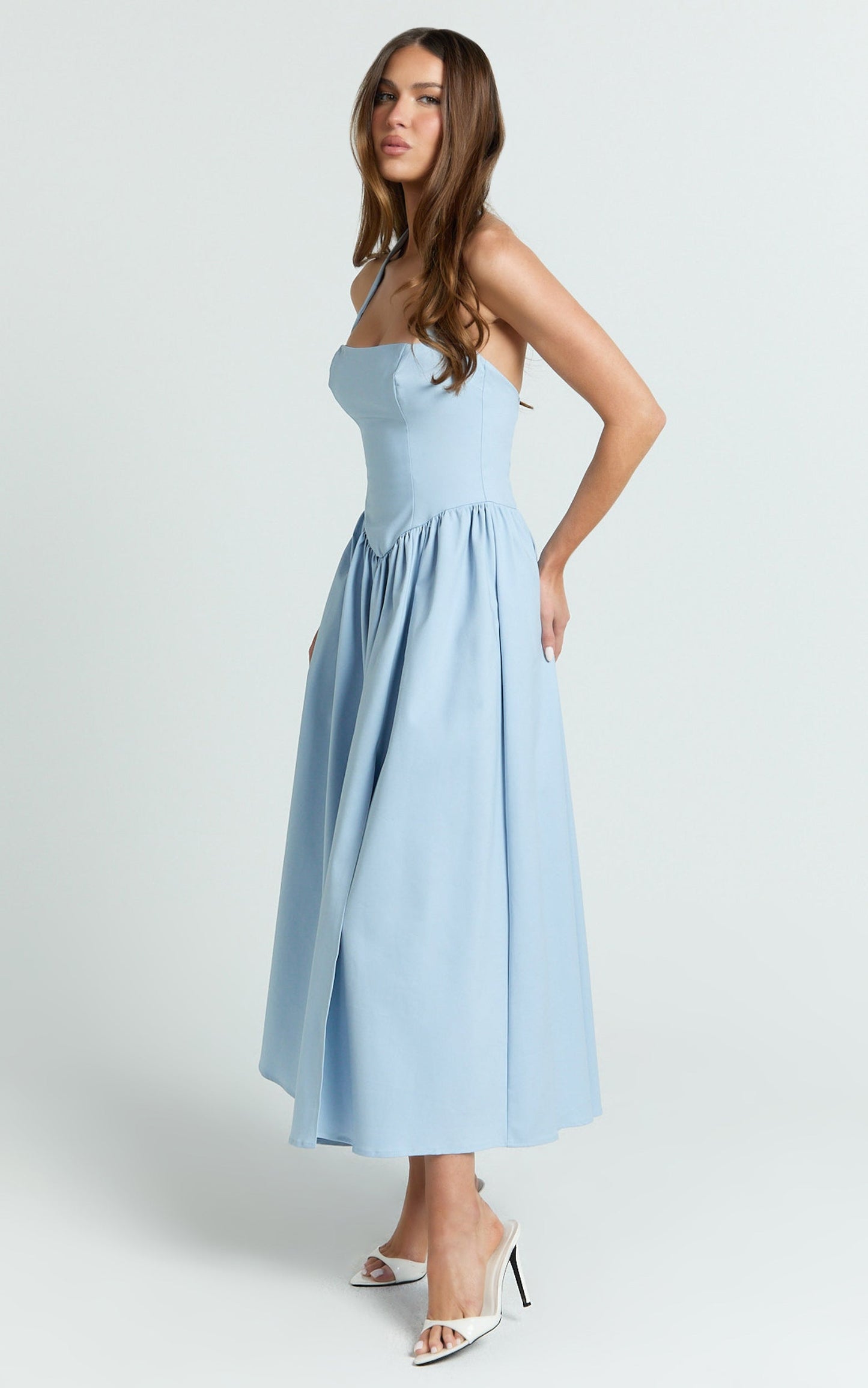 Helda Midi Dress - Halter Tie Neck Corset Panel Dress in Soft Blue